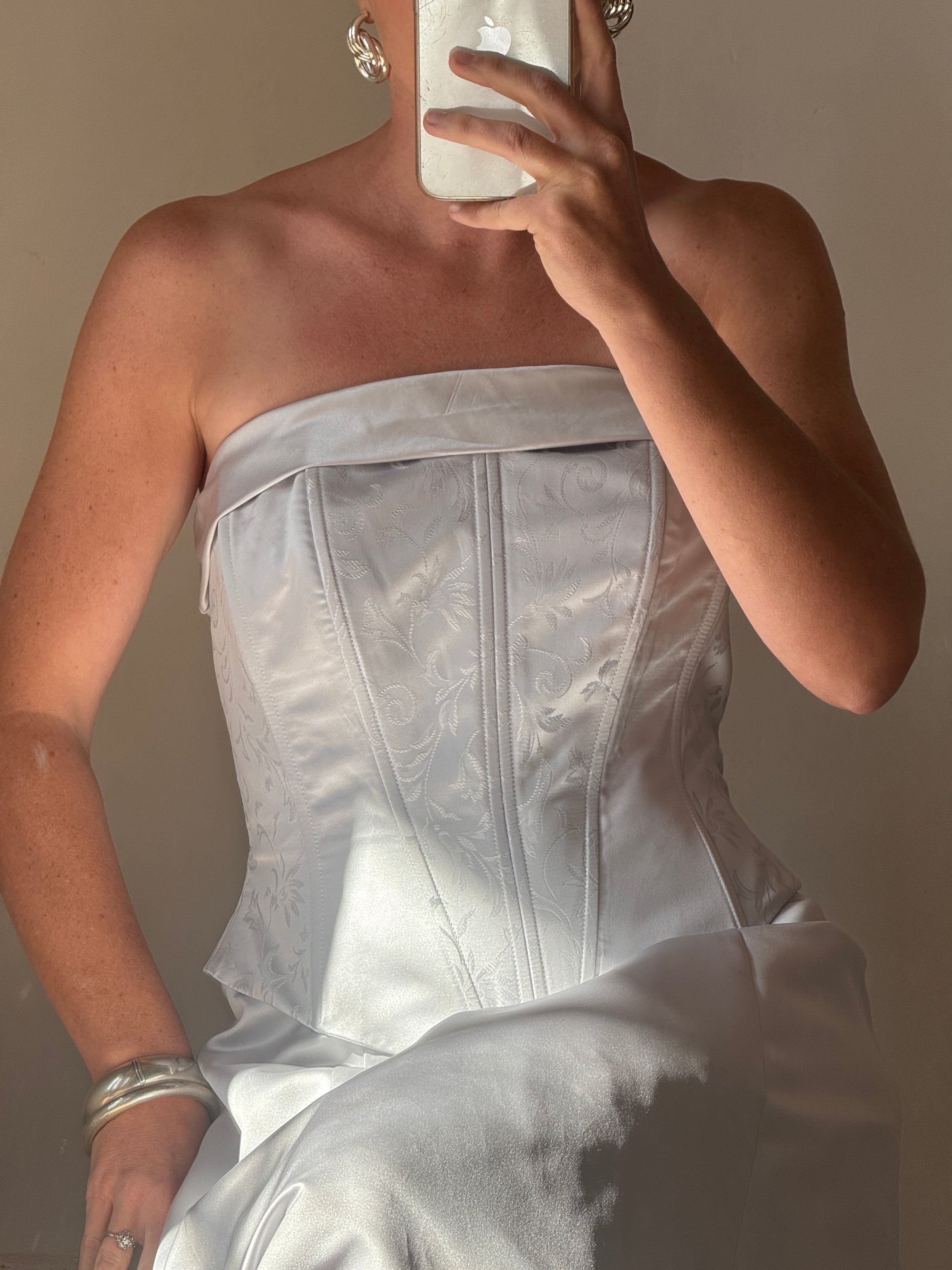 Vintage 90s Jacquard Corset Satin Dress Ice Blue