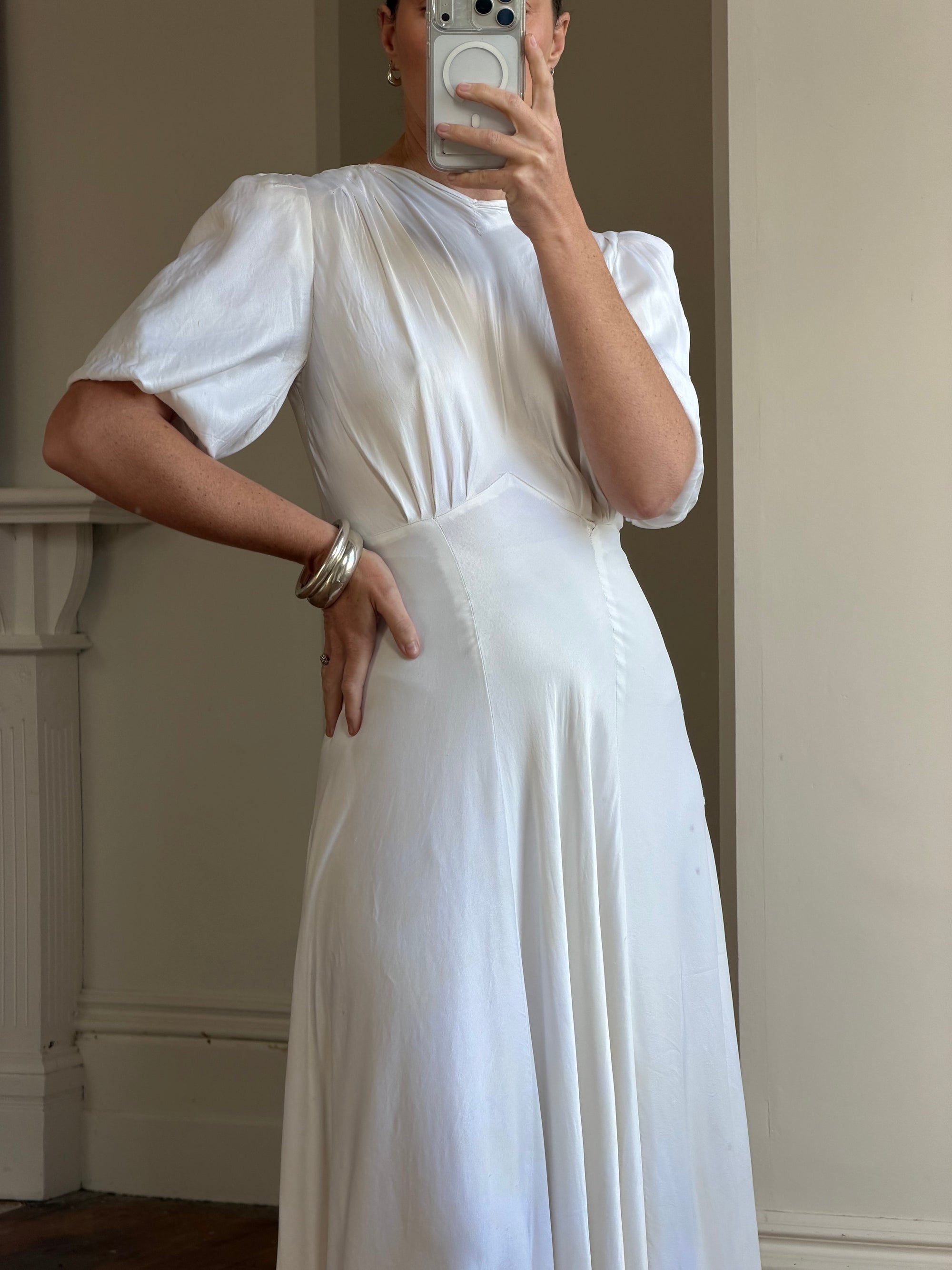 Vintage 40s Minimal Puff Sleeve Bias Wedding Dress