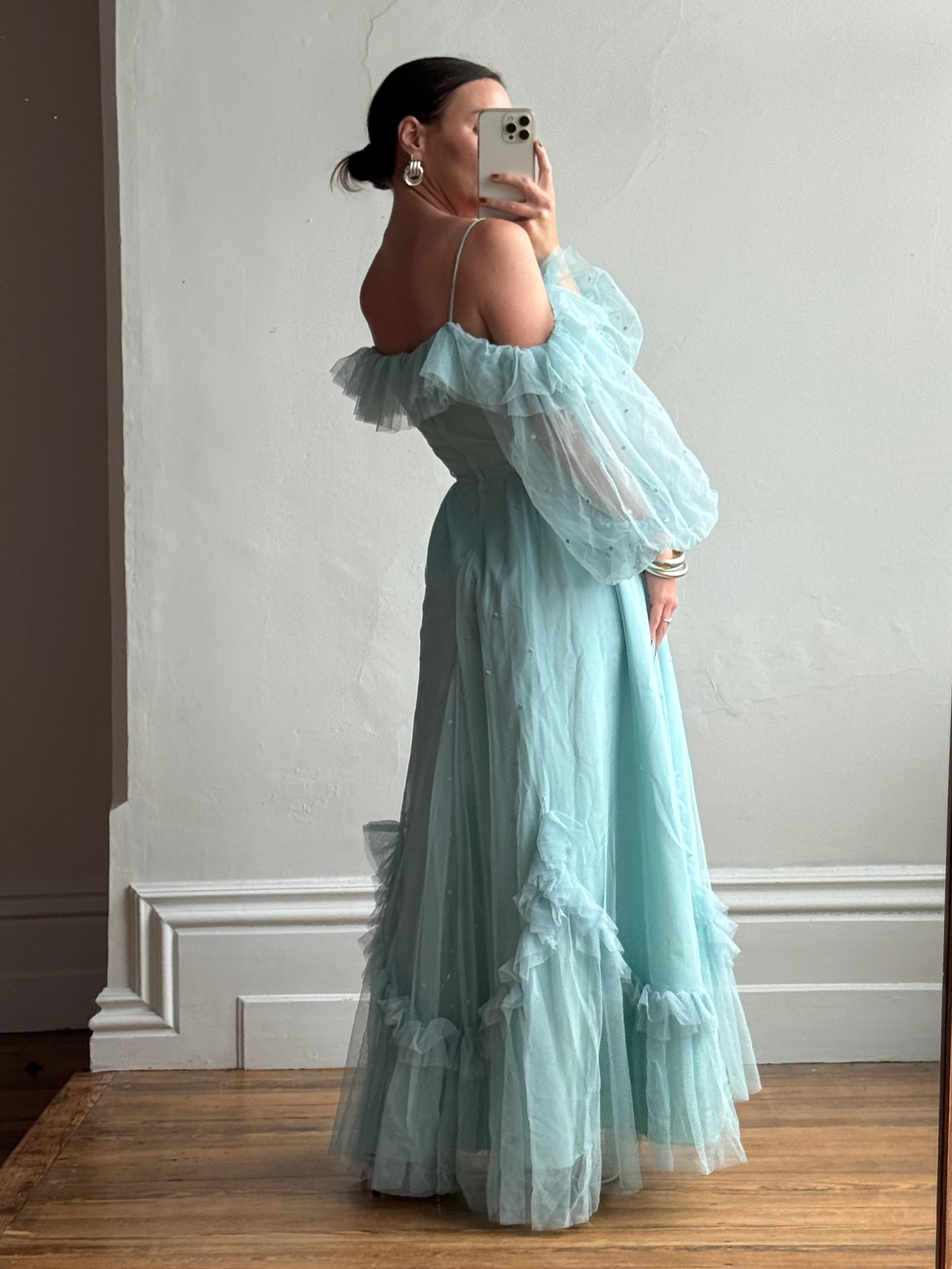 Vintage 80s Sky Blue Tulle Off Shoulder Party Dress