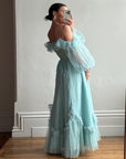 Vintage 80s Sky Blue Tulle Off Shoulder Party Dress