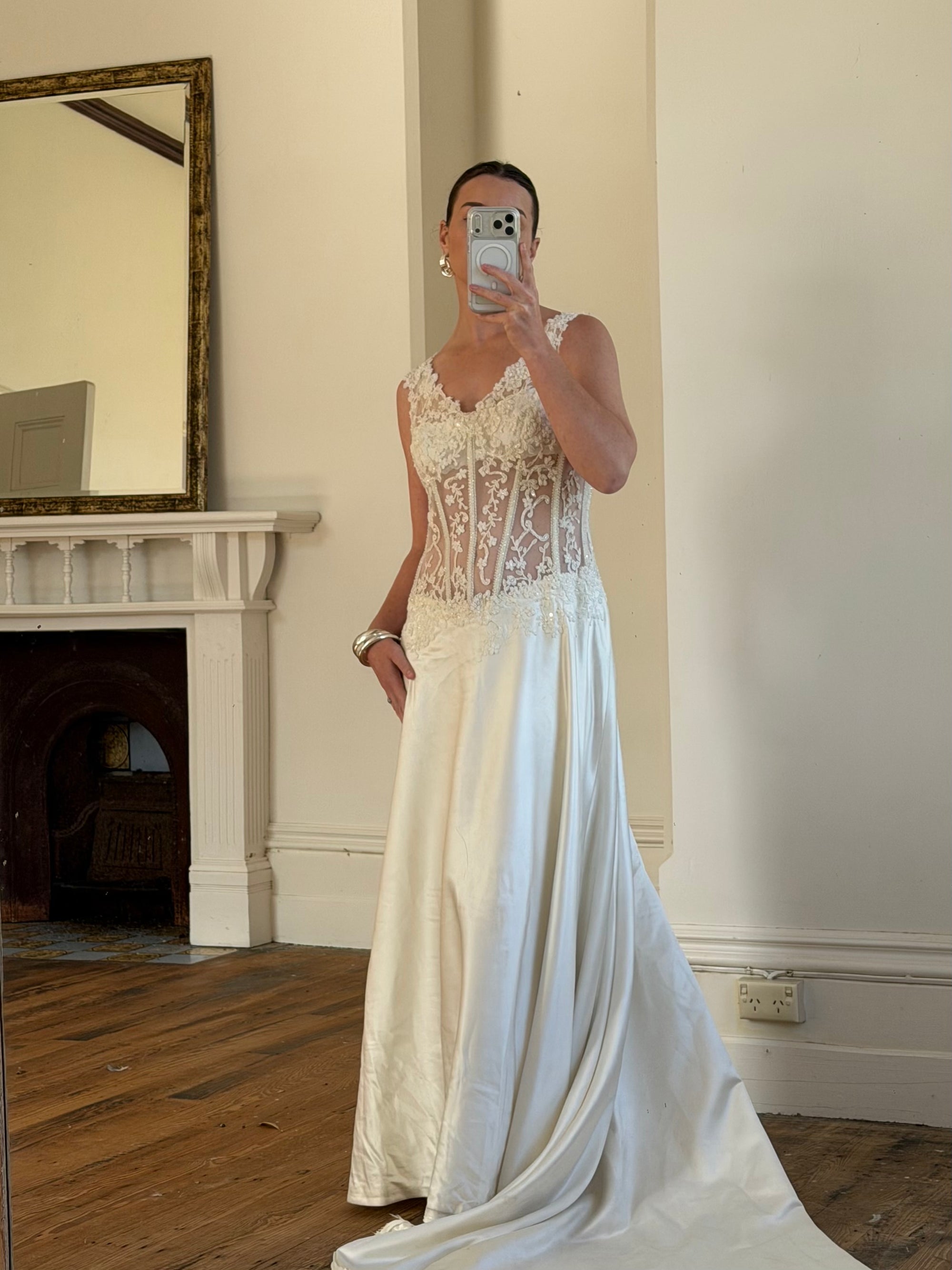 Vintage 90s Italian Naked Embroidered Satin Wedding Dress