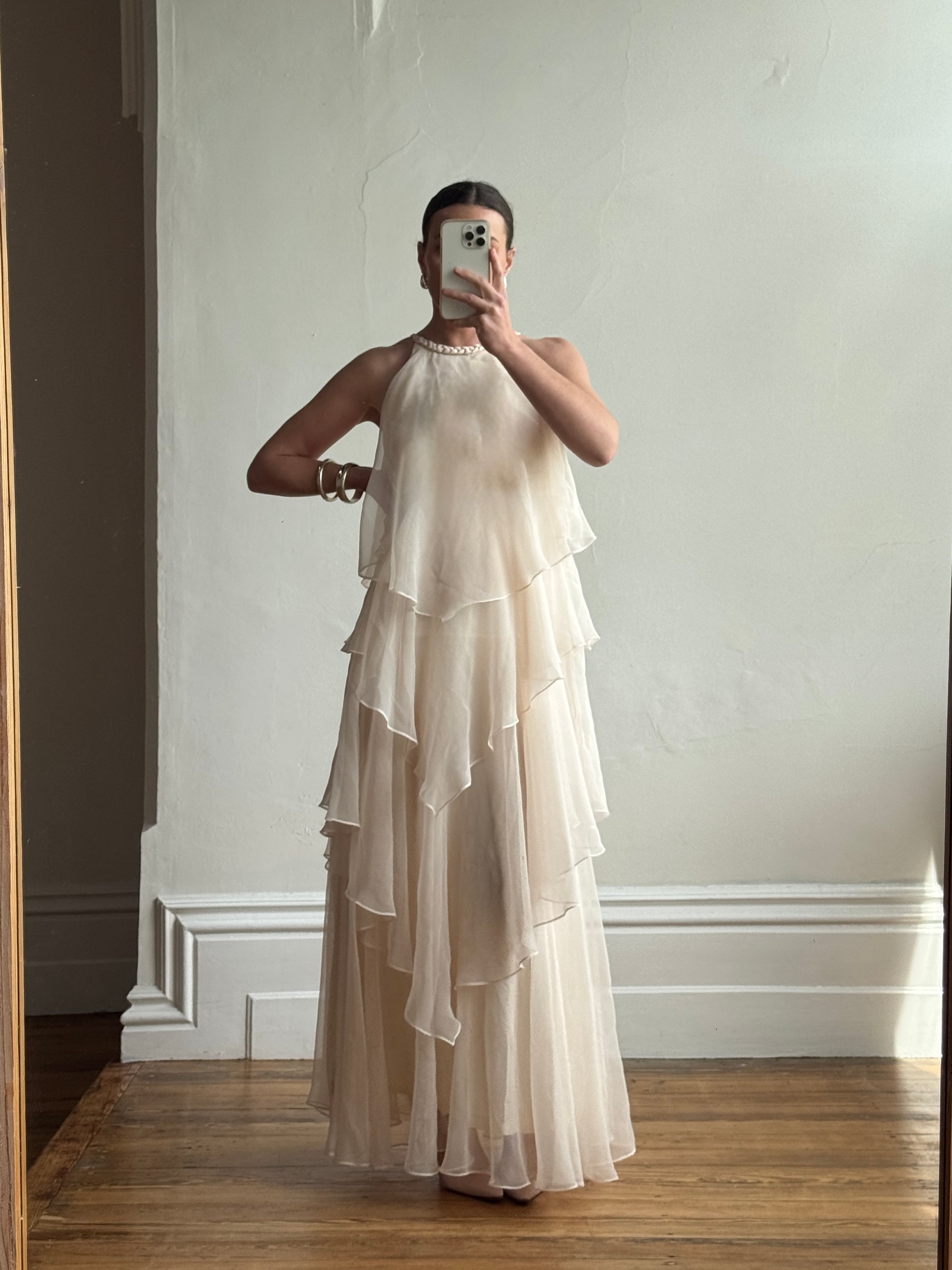Vintage 70s Tiered Chiffon Wedding Dress Creme