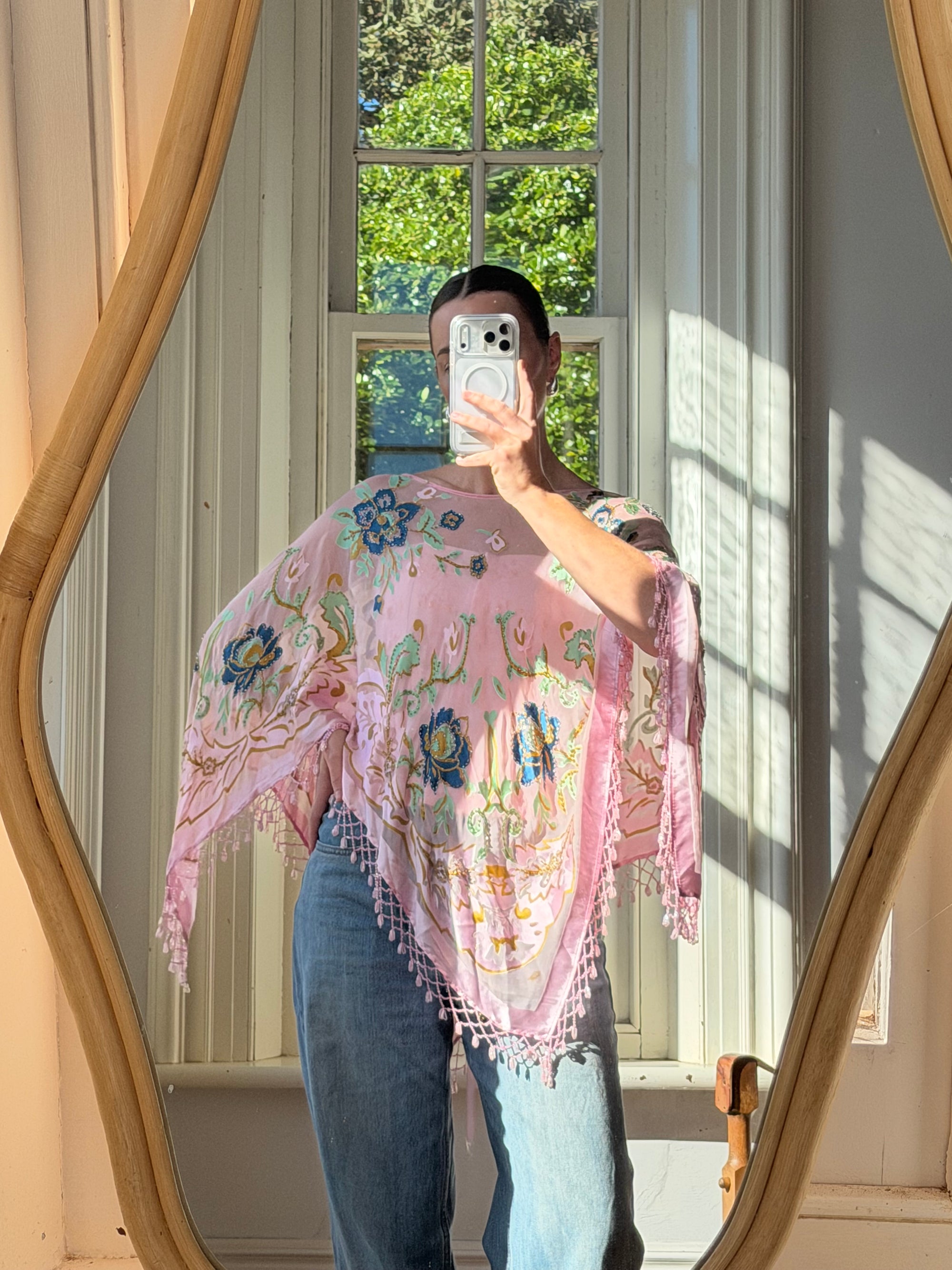 Vintage 90s Pink Floral Beaded Fringe Poncho