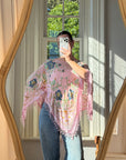 Vintage 90s Pink Floral Beaded Fringe Poncho