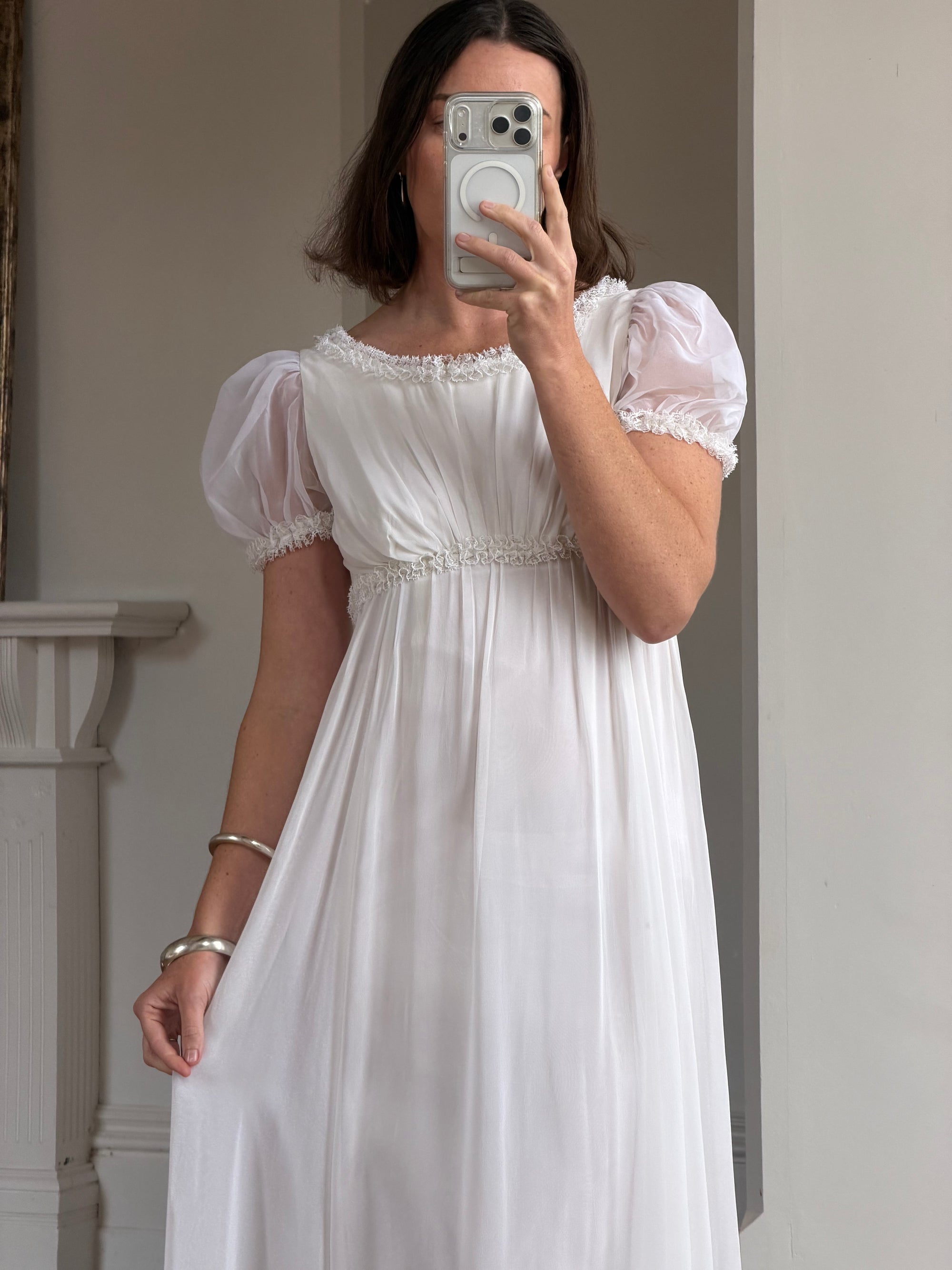 Vintage 70s White Chiffon Smocked Puff Sleeve Wedding Dress