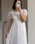 Vintage 70s White Chiffon Smocked Puff Sleeve Wedding Dress