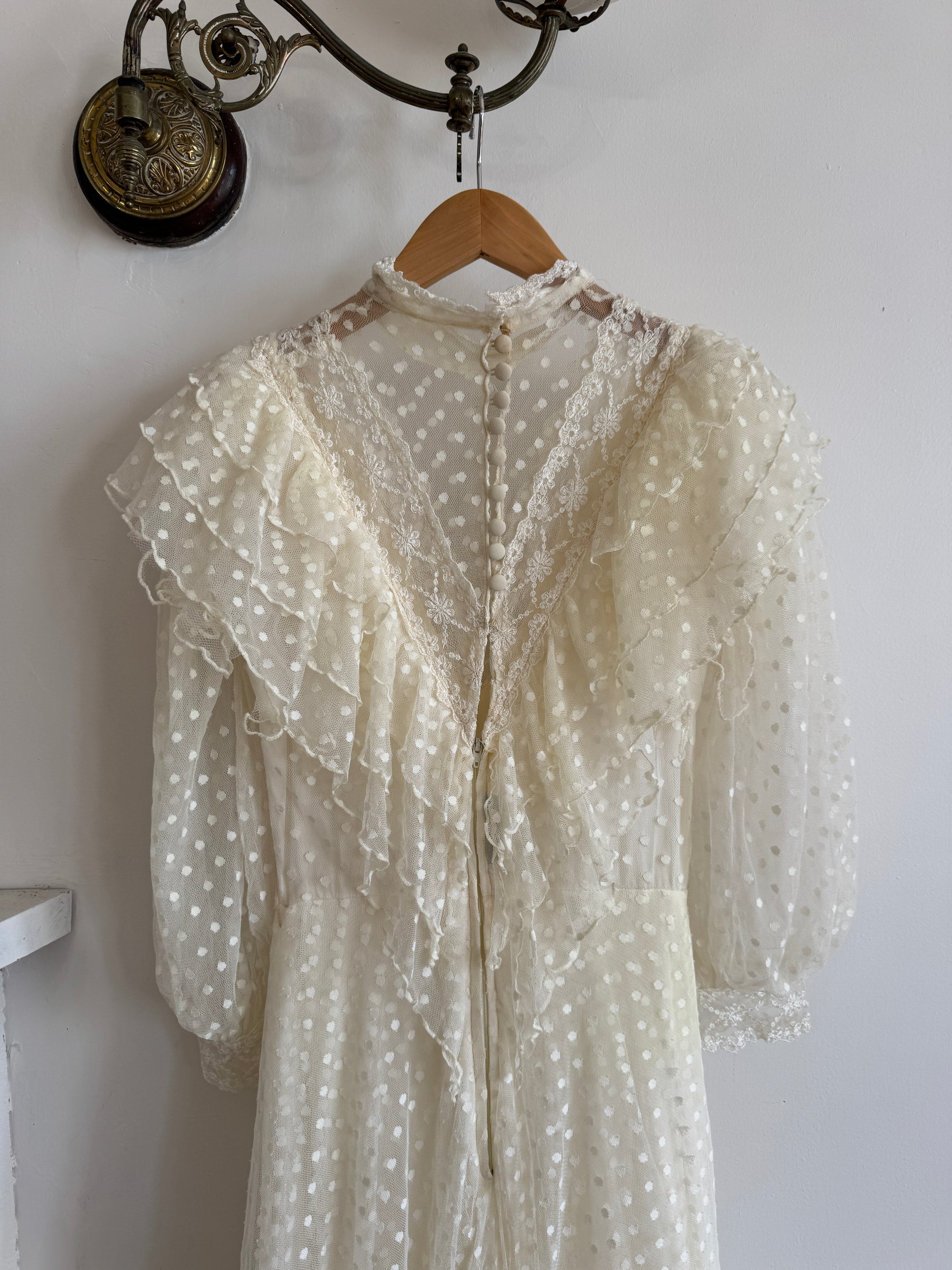 Vintage 70s Polka Sheer Tiered Wedding Dress Creme