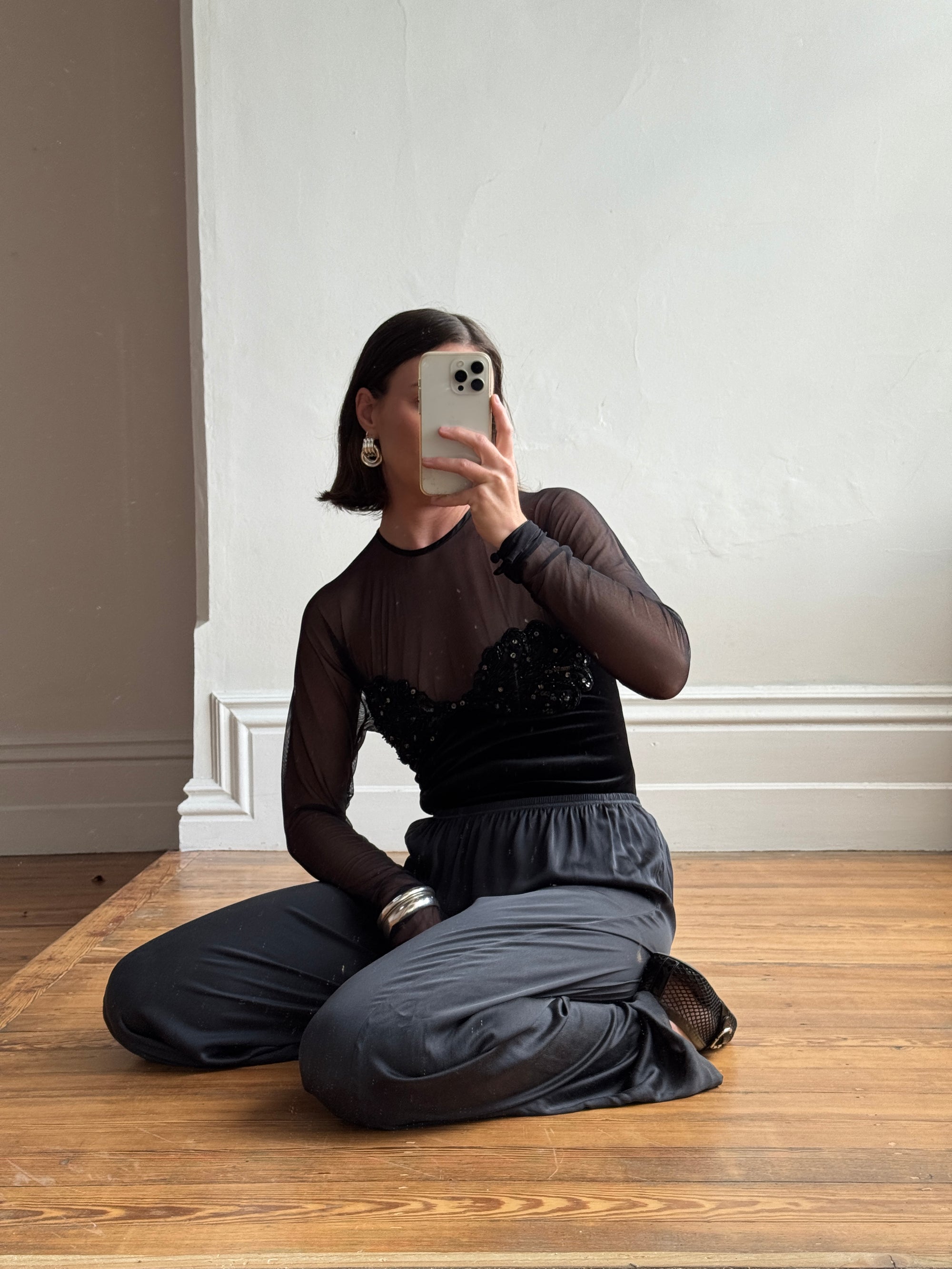 Vintage 90s Emanuel Ungaro Velvet Mesh Embroidered Bodysuit