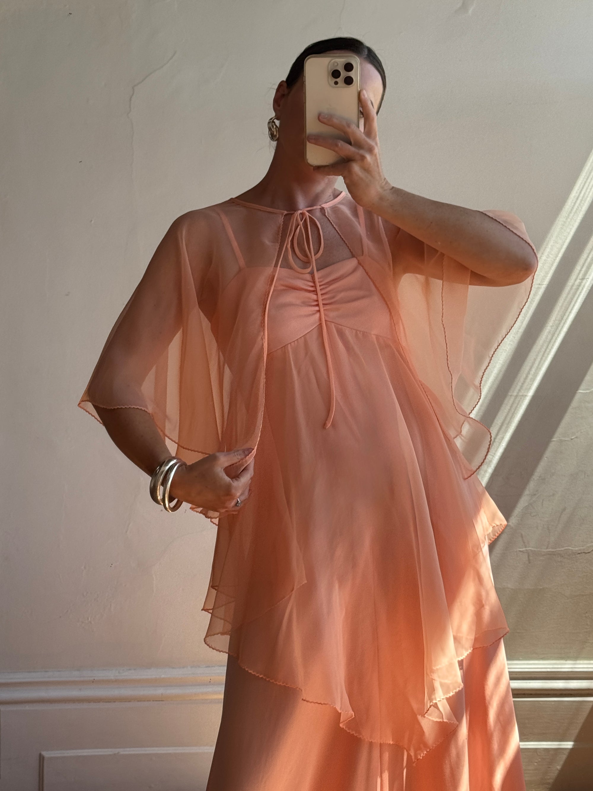 Vintage 70s Apricot Maxi Dress with Sheer Cape