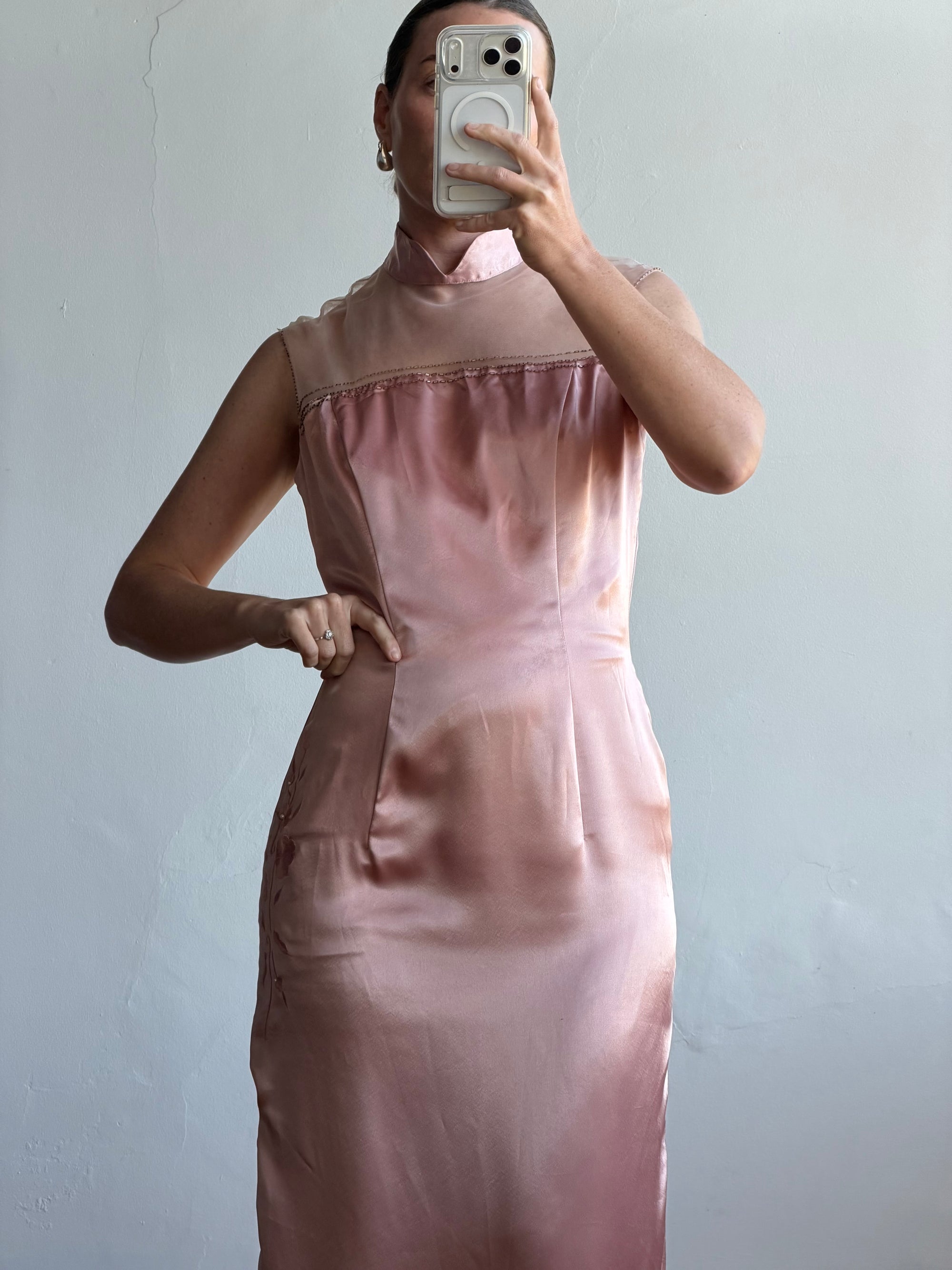 Vintage 90s Dusty Rose Satin High Neck Dress