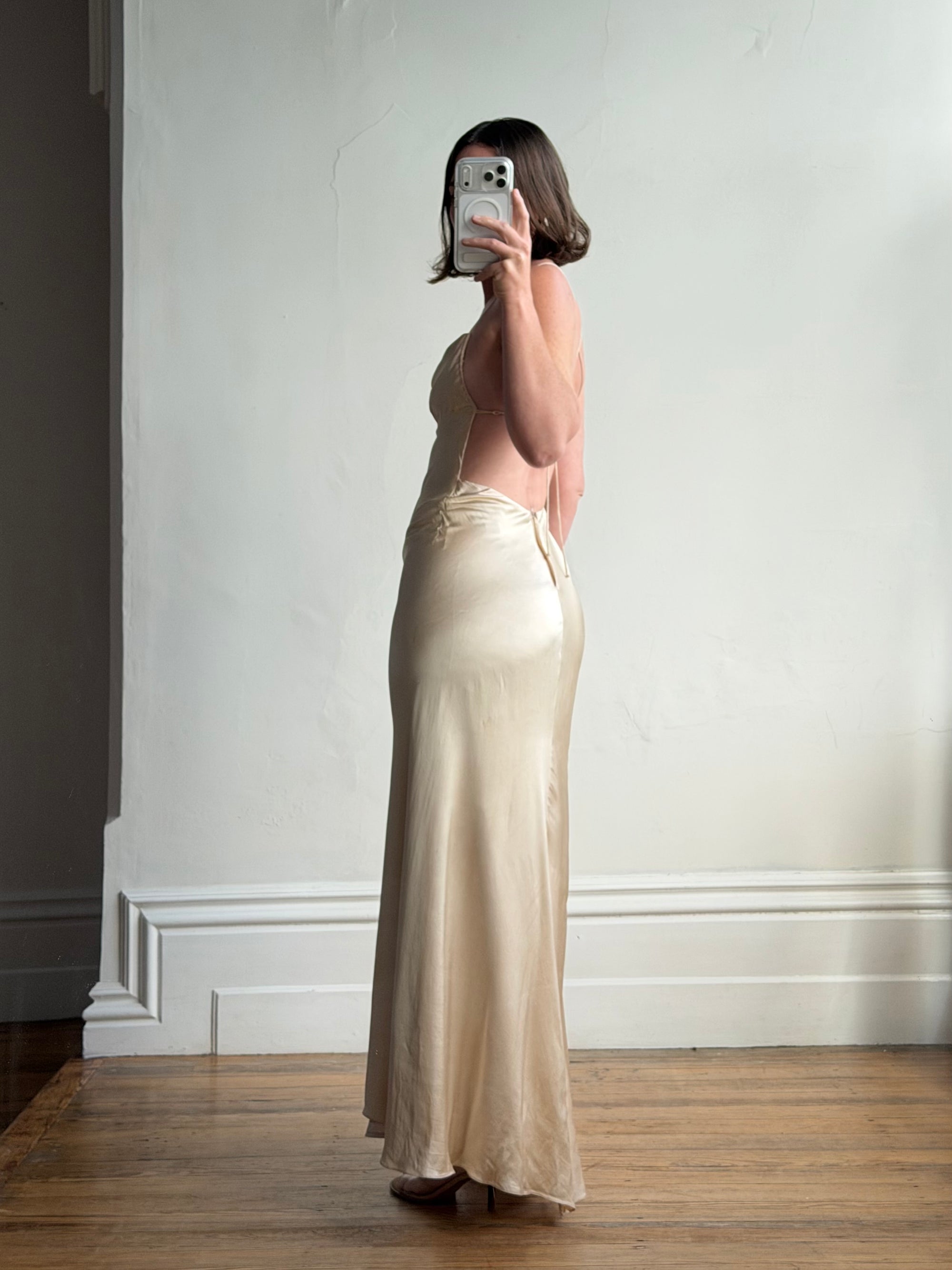 Vintage 90s Pure Silk Bias Cut Split Gown Champagne