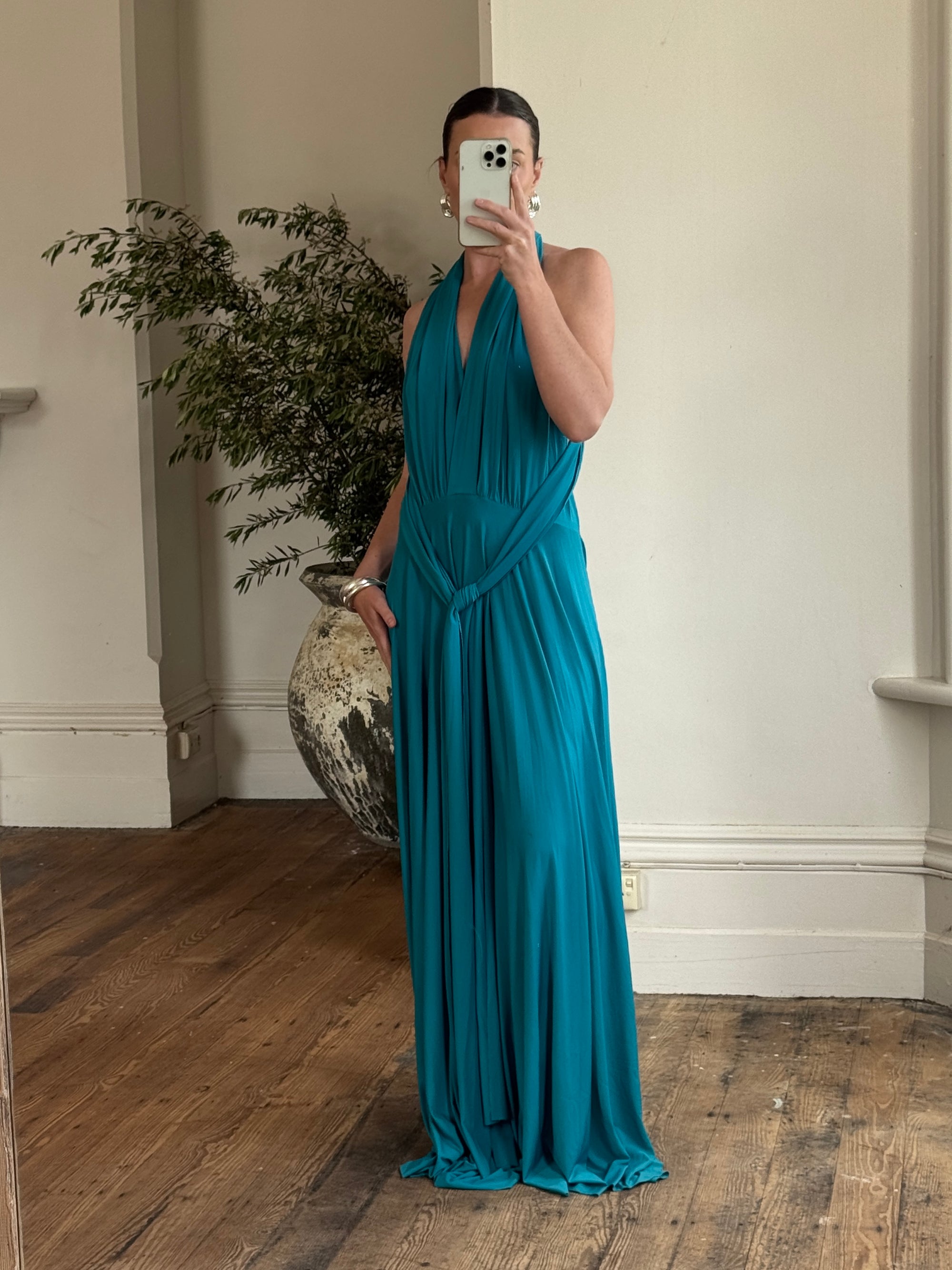 Vintage Y2K Plunging Jersey Multiwear Maxi Dress Teal