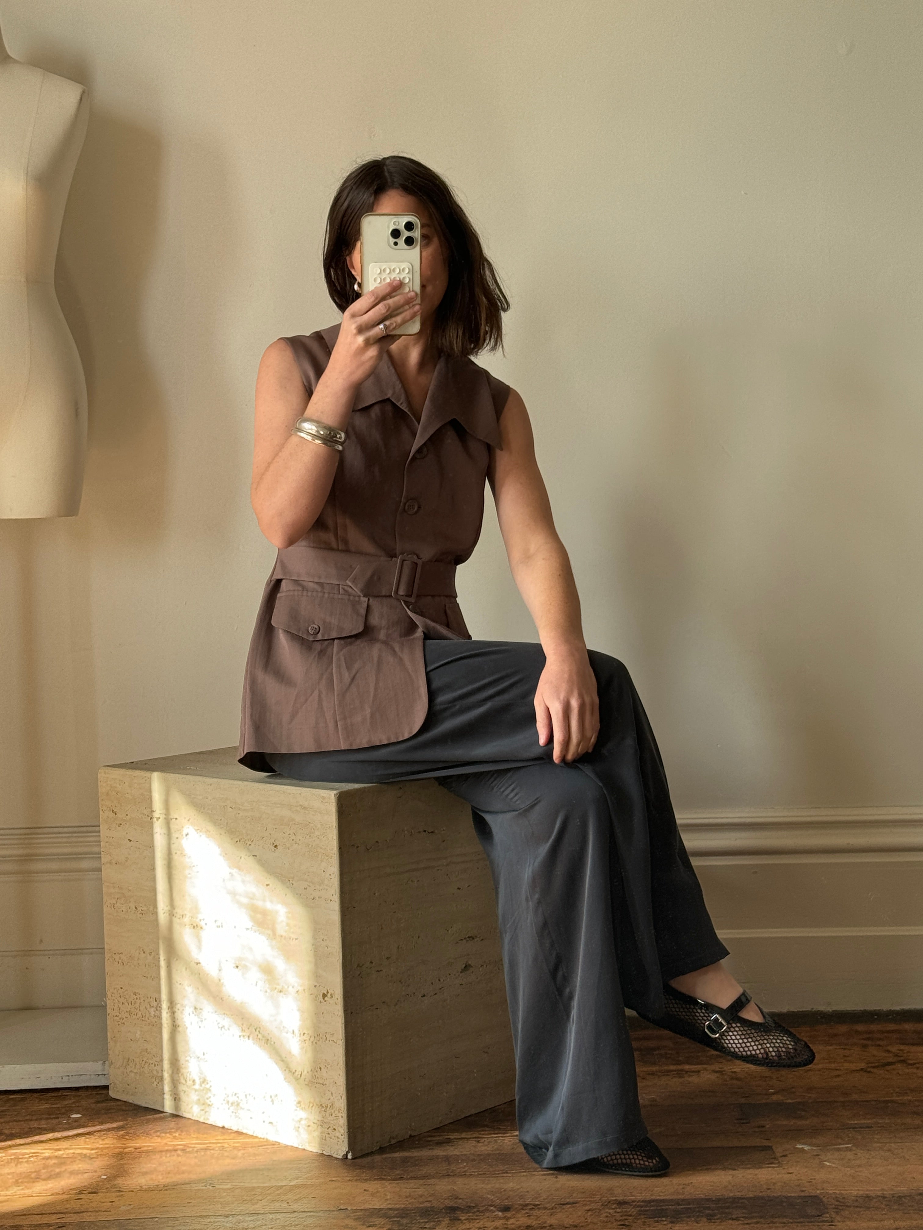 Vintage Taupe Brown Belted Utility Vest