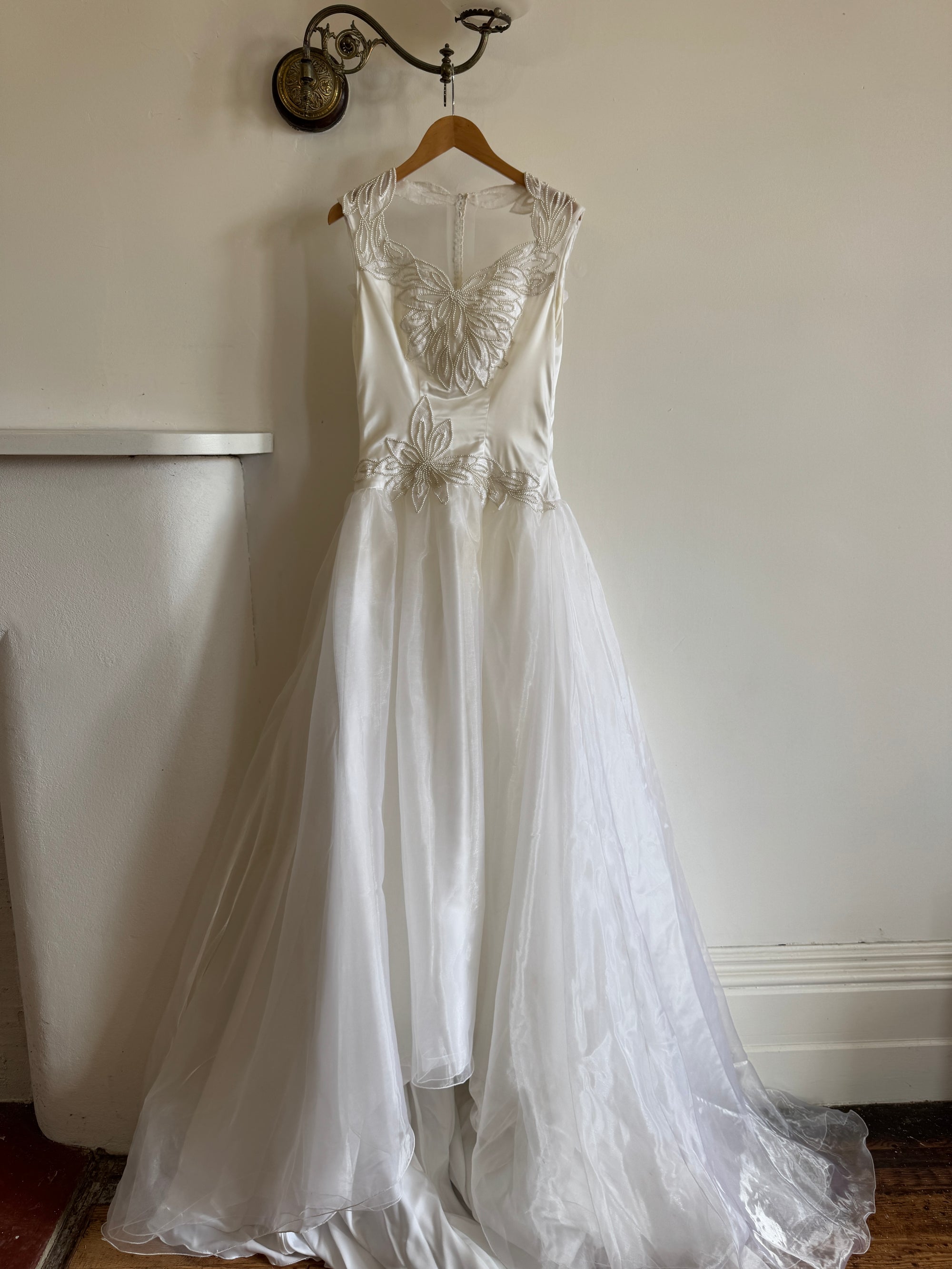 Vintage 80s Pearl Embellished Chiffon Princess Wedding Dress