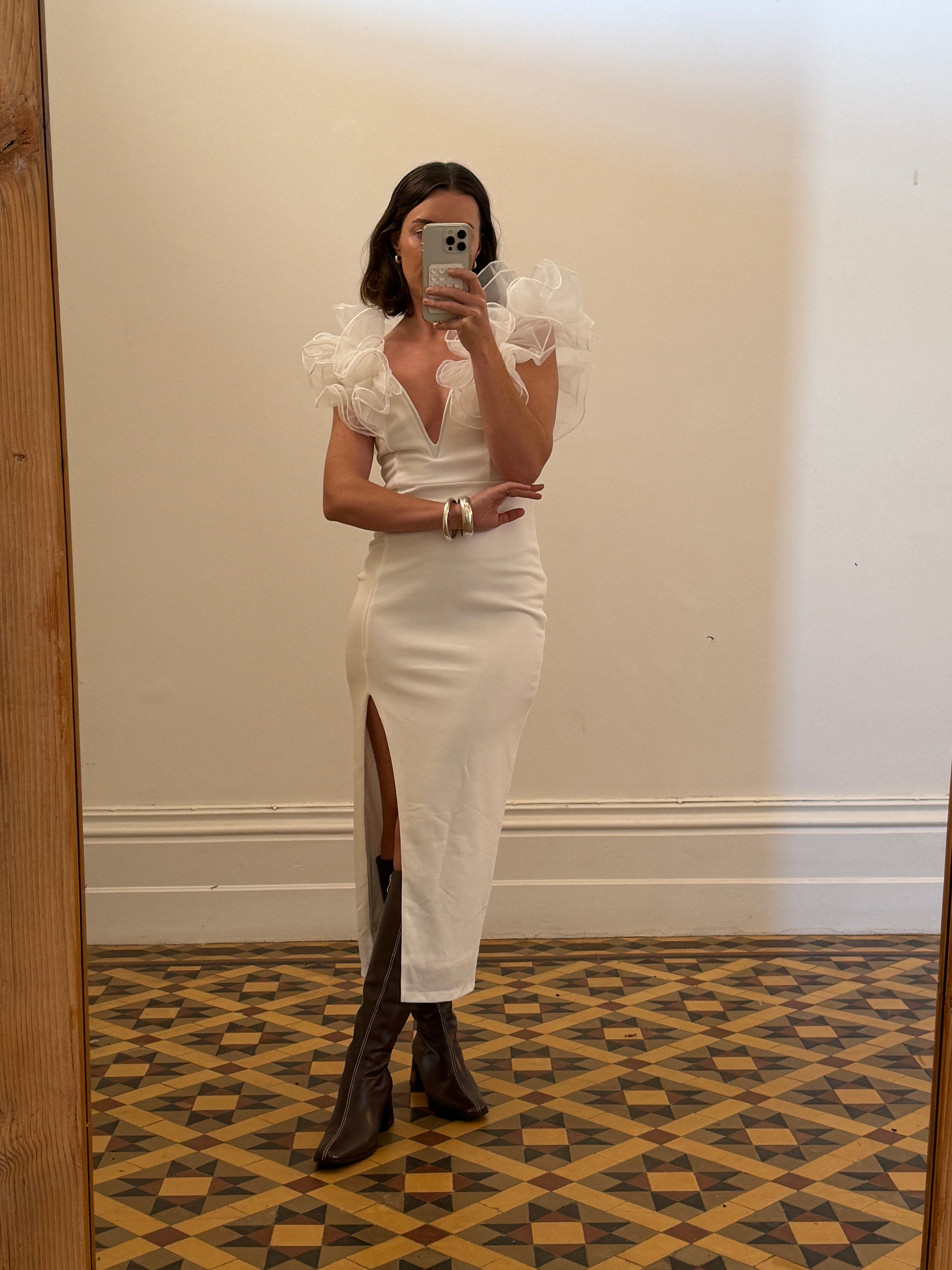 Vintage 1980s Frou Frou Body Con Dress White