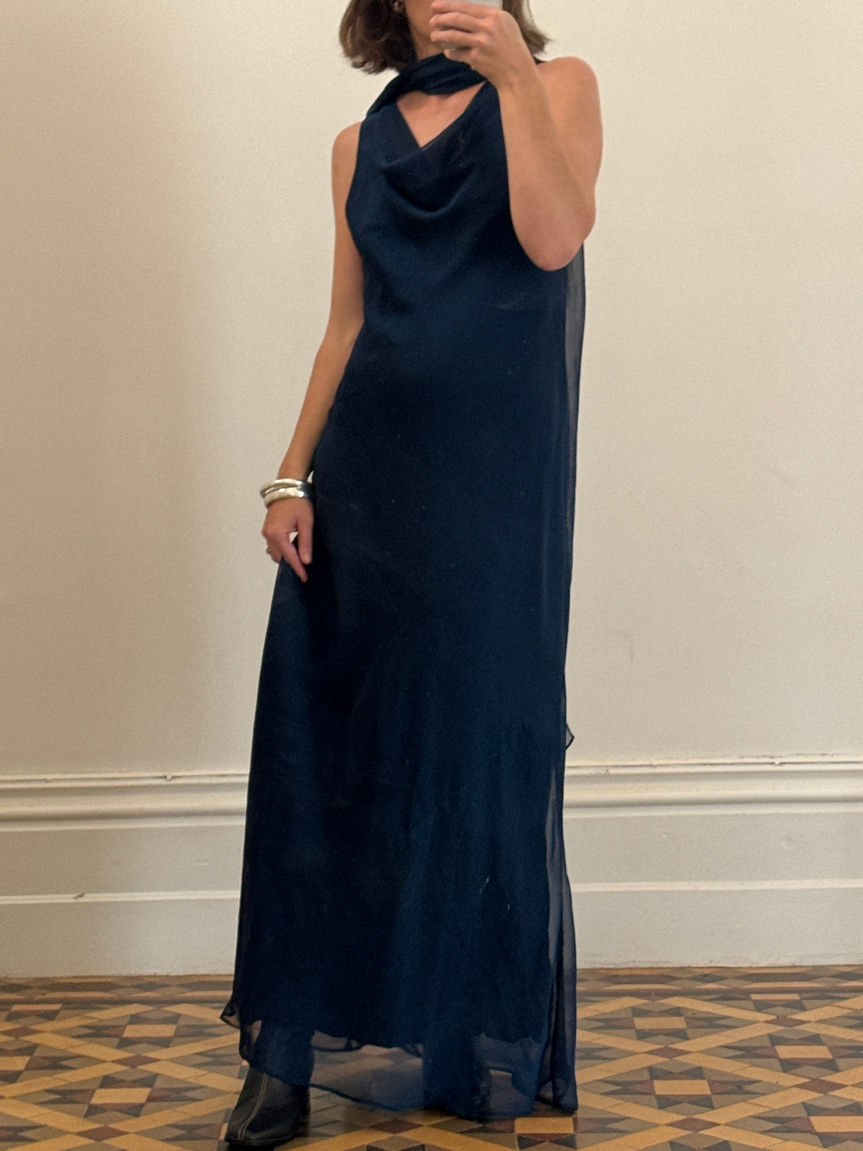 Vintage 90s Navy Cowl Neck Dress with Scarf