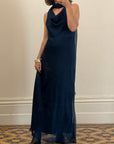 Vintage 90s Navy Cowl Neck Dress with Scarf