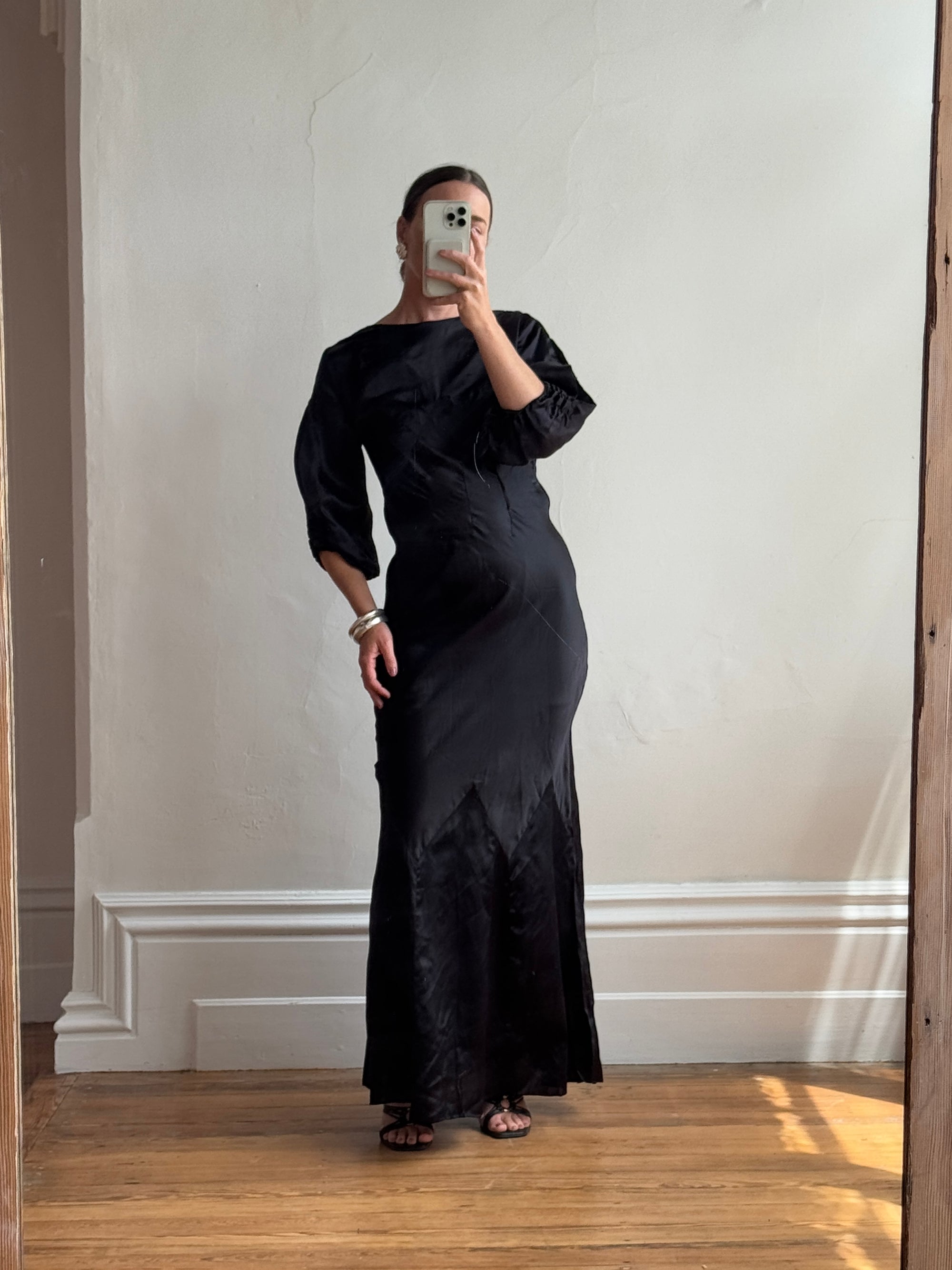 Vintage 30s Black Satin Backless ZigZag Fishtail Dress