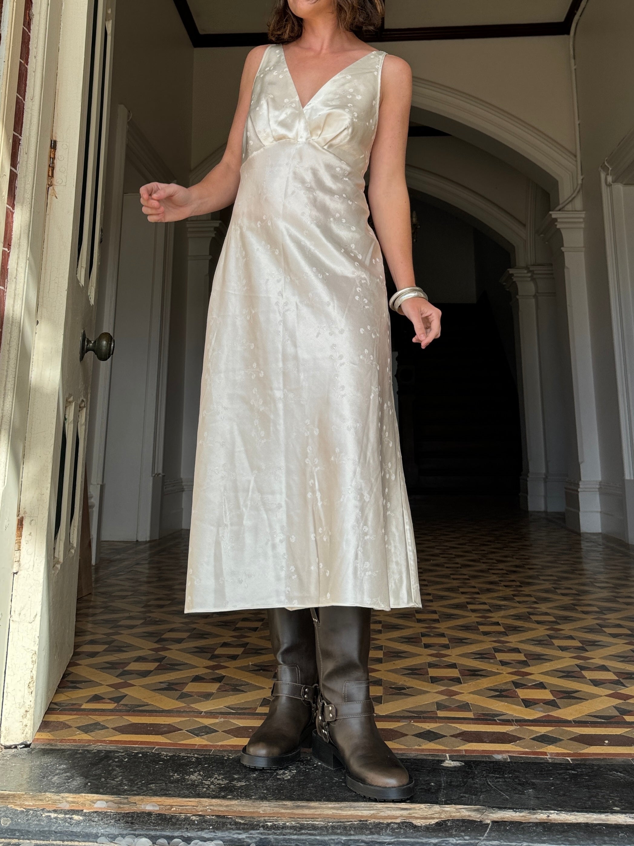 Vintage Champagne Satin Jacquard Floral Slip