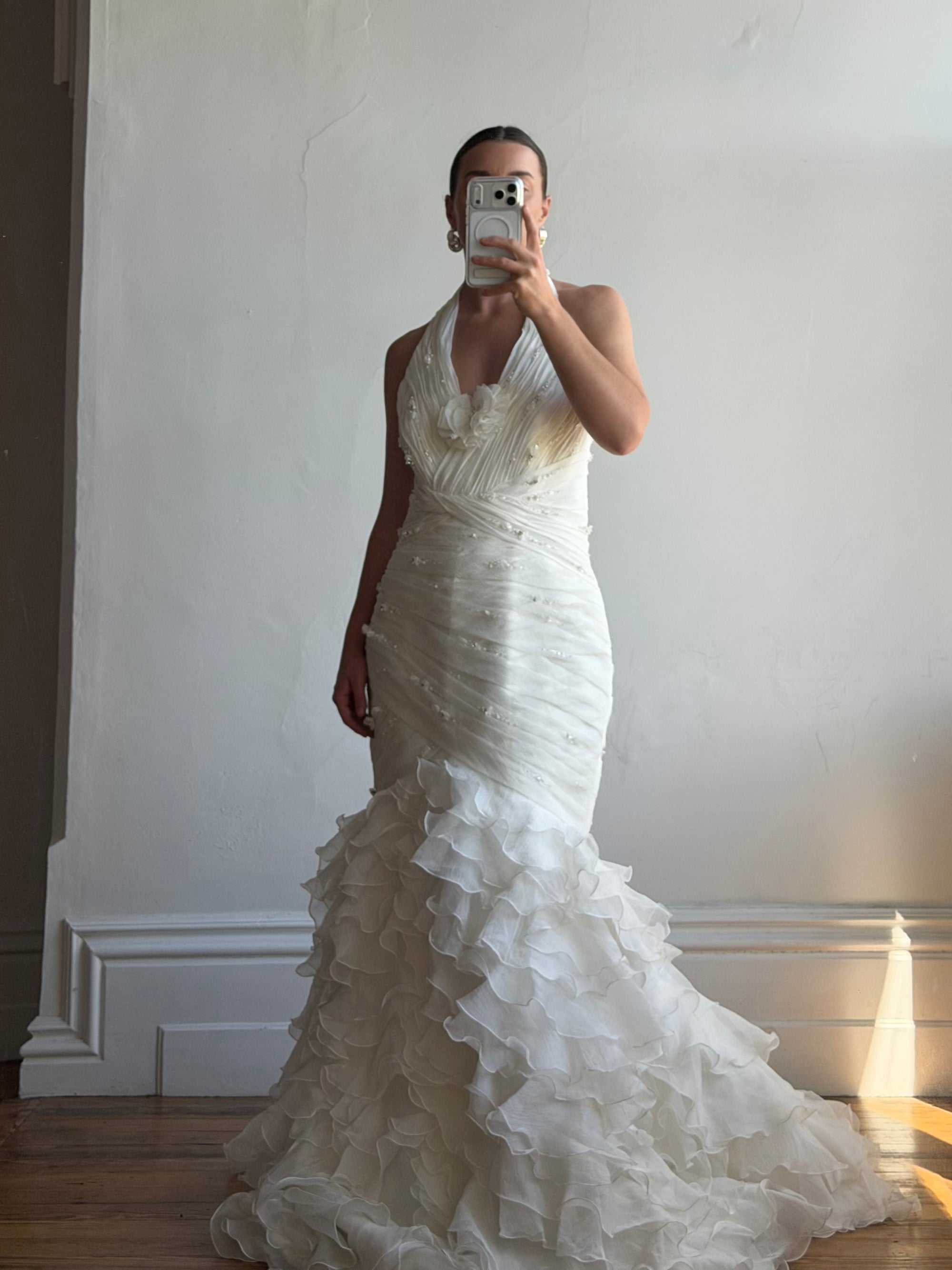 Vintage 90s Italian Plus Size Halter Ruffle Wedding Gown