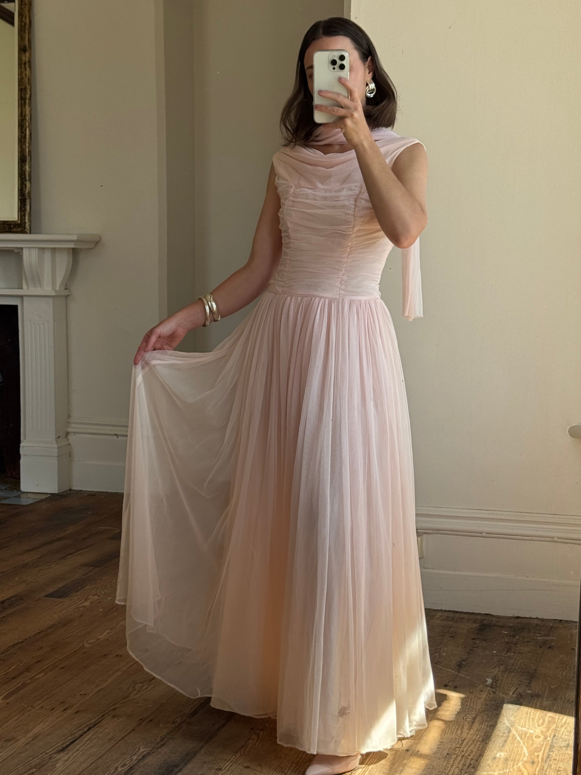 Vintage 60s Chiffon Gathered Pale Pink Maxi Gown