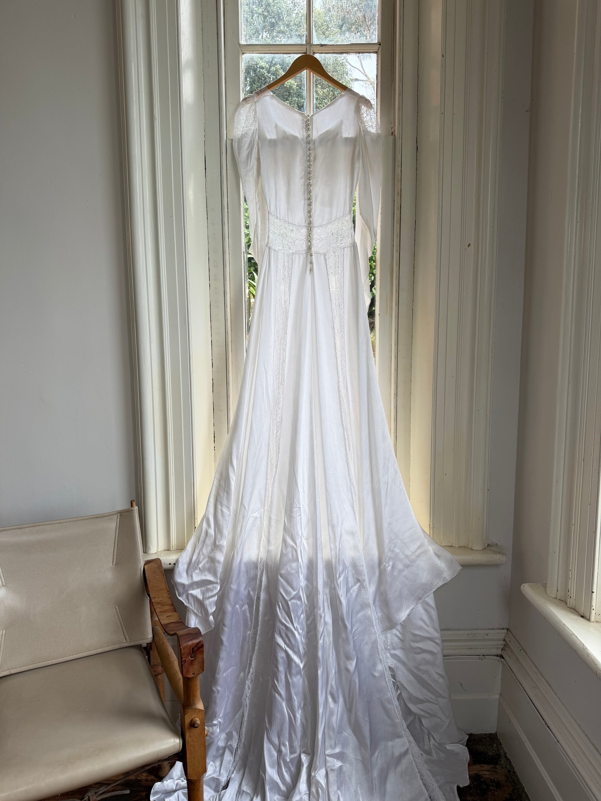 Vintage 40s Liquid Silk Satin Sheer Lace Wedding Gown