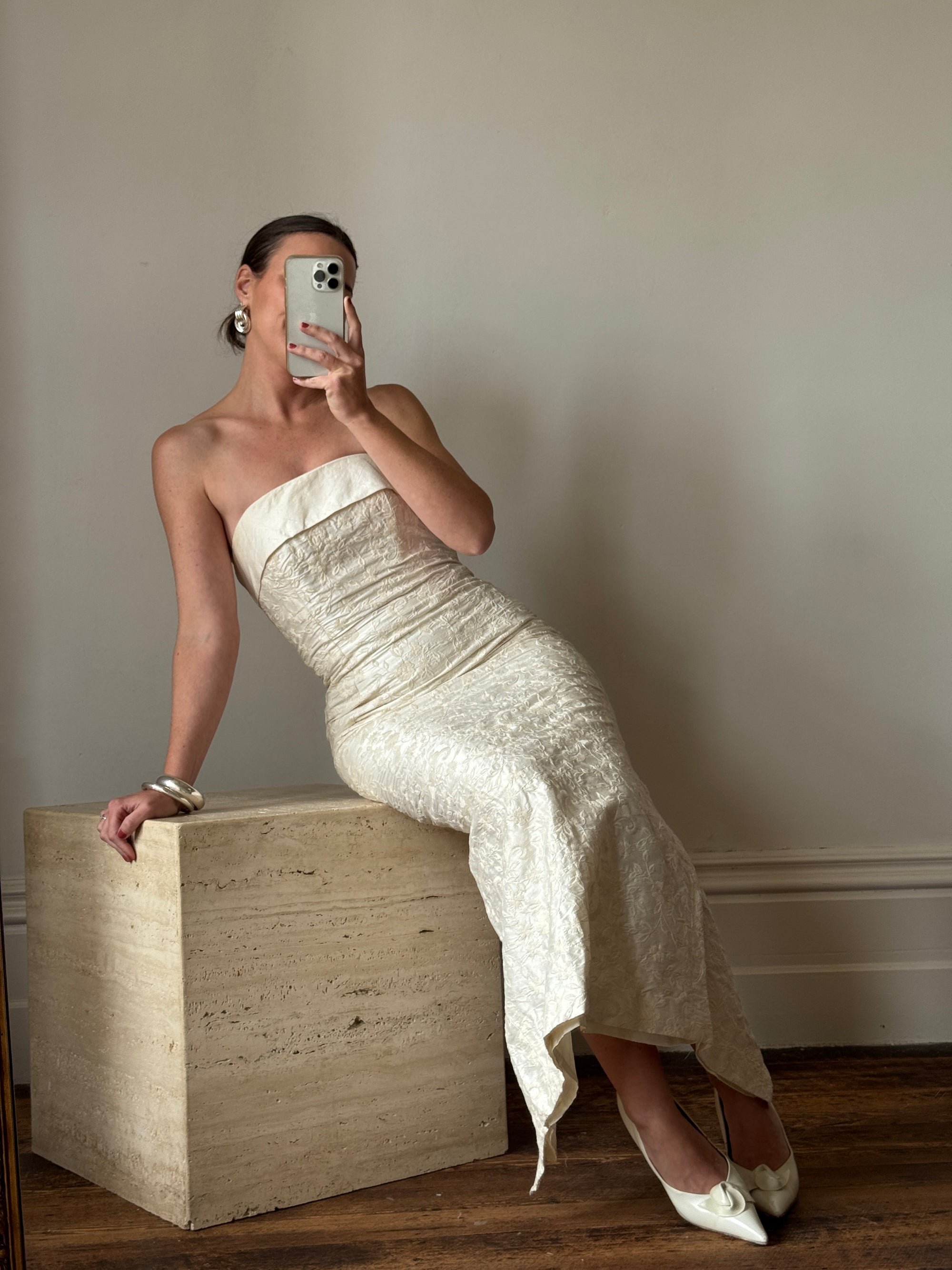 Vintage 90s Pure Silk Jacquard Strapless Bridal Midi