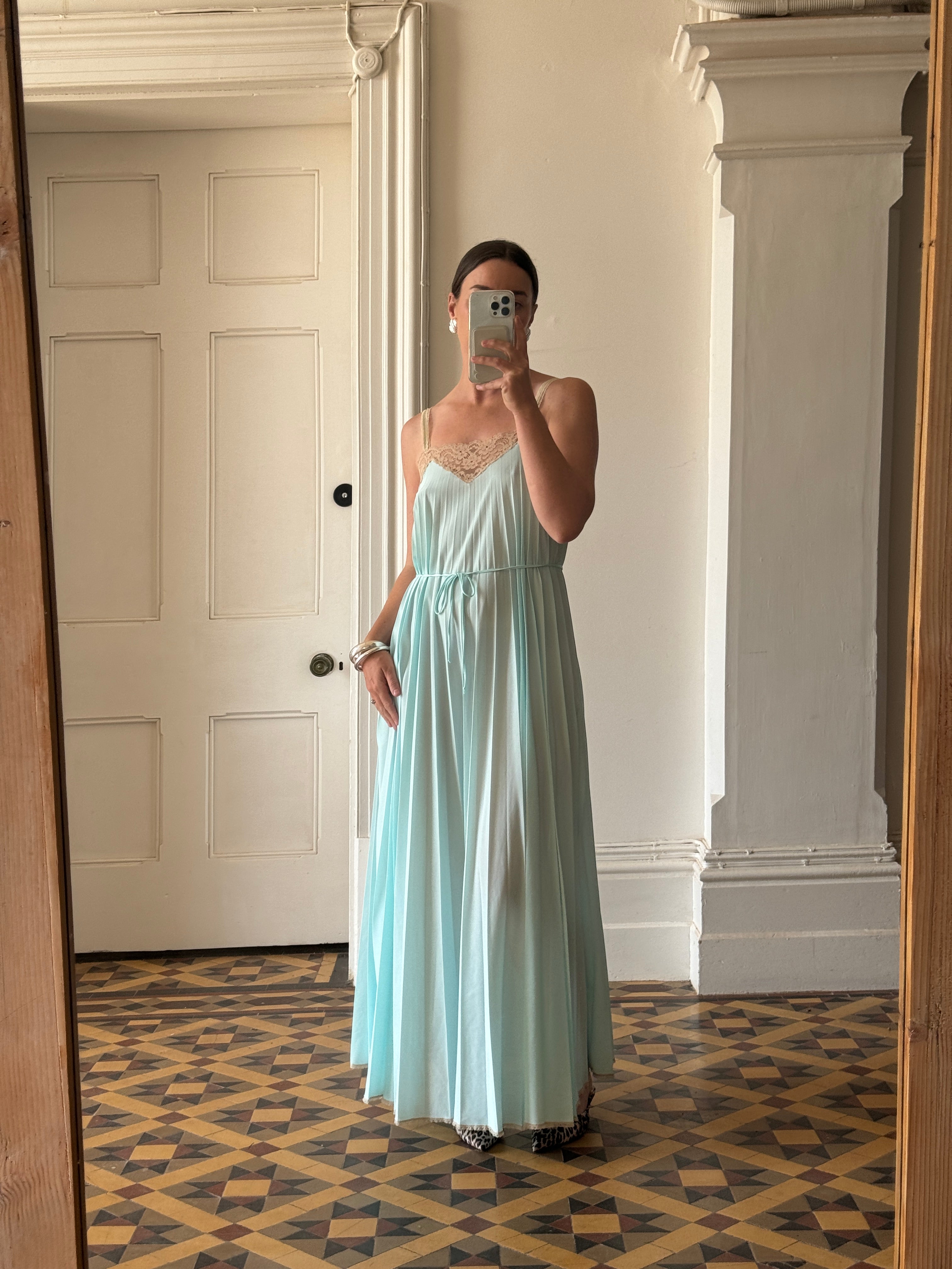 Vintage 50s Aqua Pleated Negligee Slip Cream Lace