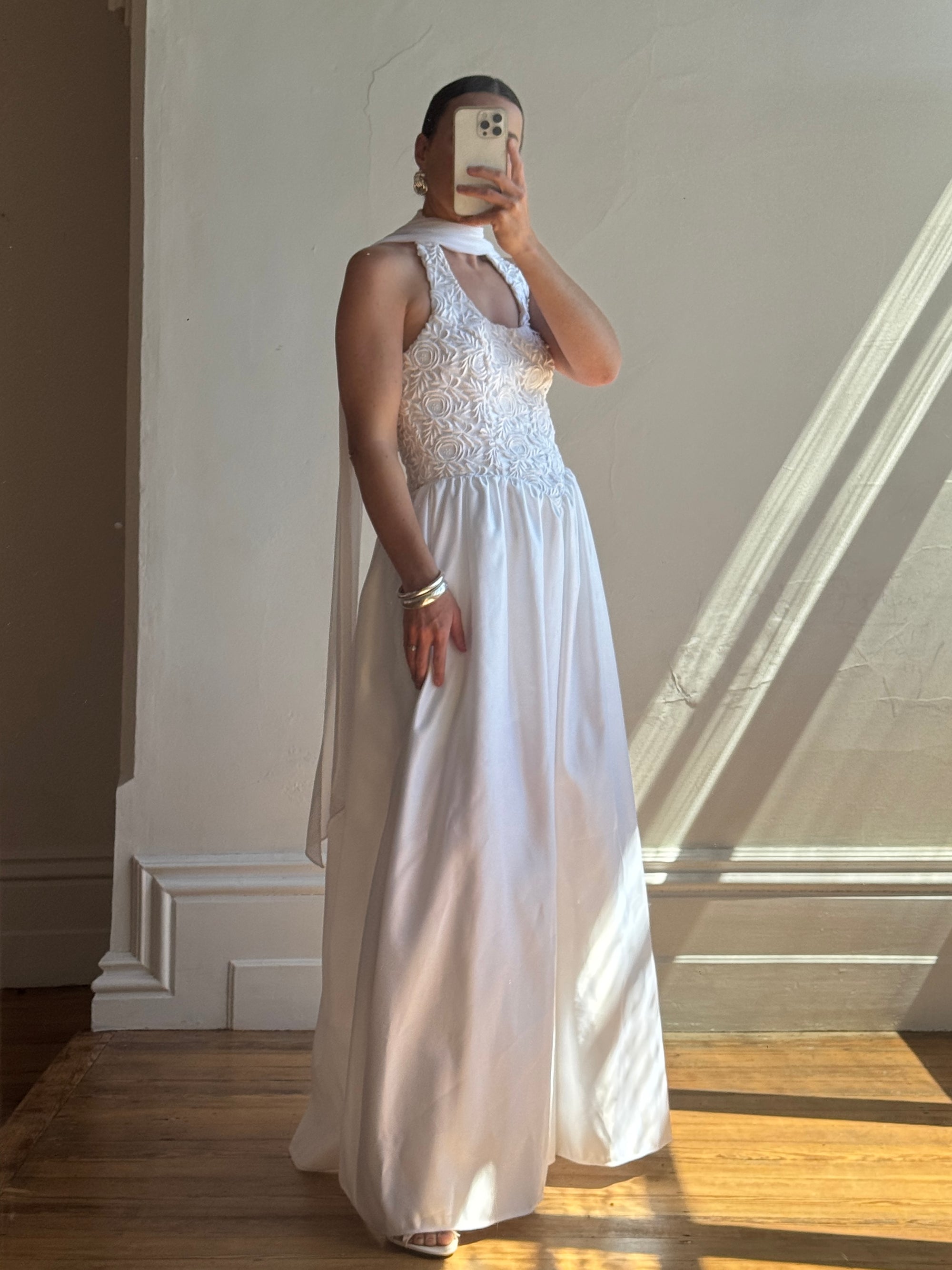Vintage 90s Australian Made Lace Halter Satin Wedding Dress