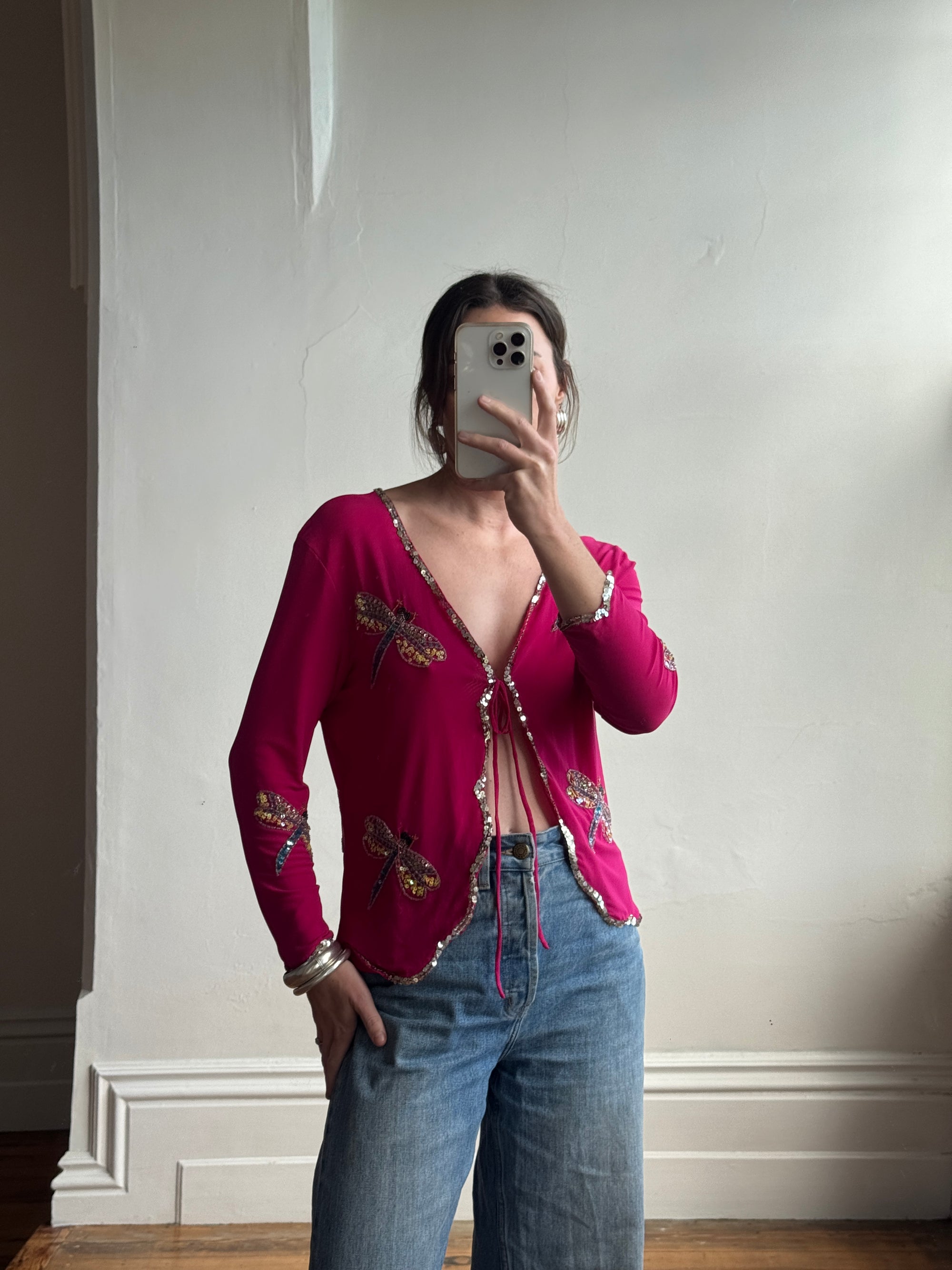 Vintage 90s Australian Made Dragonfly Sequin Tie Top