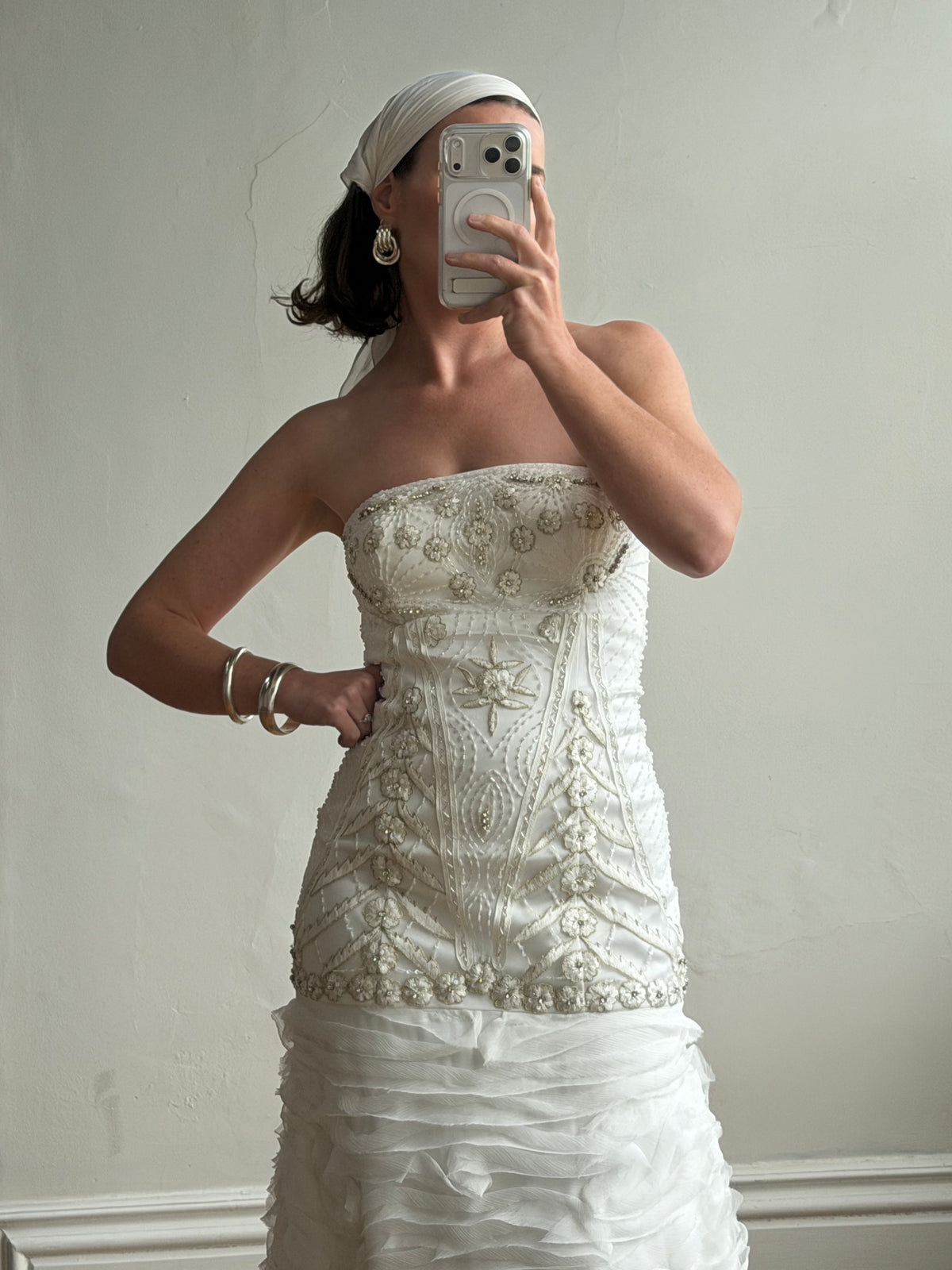 Vintage 90s Strapless Embellished Ruffled Wedding Gown