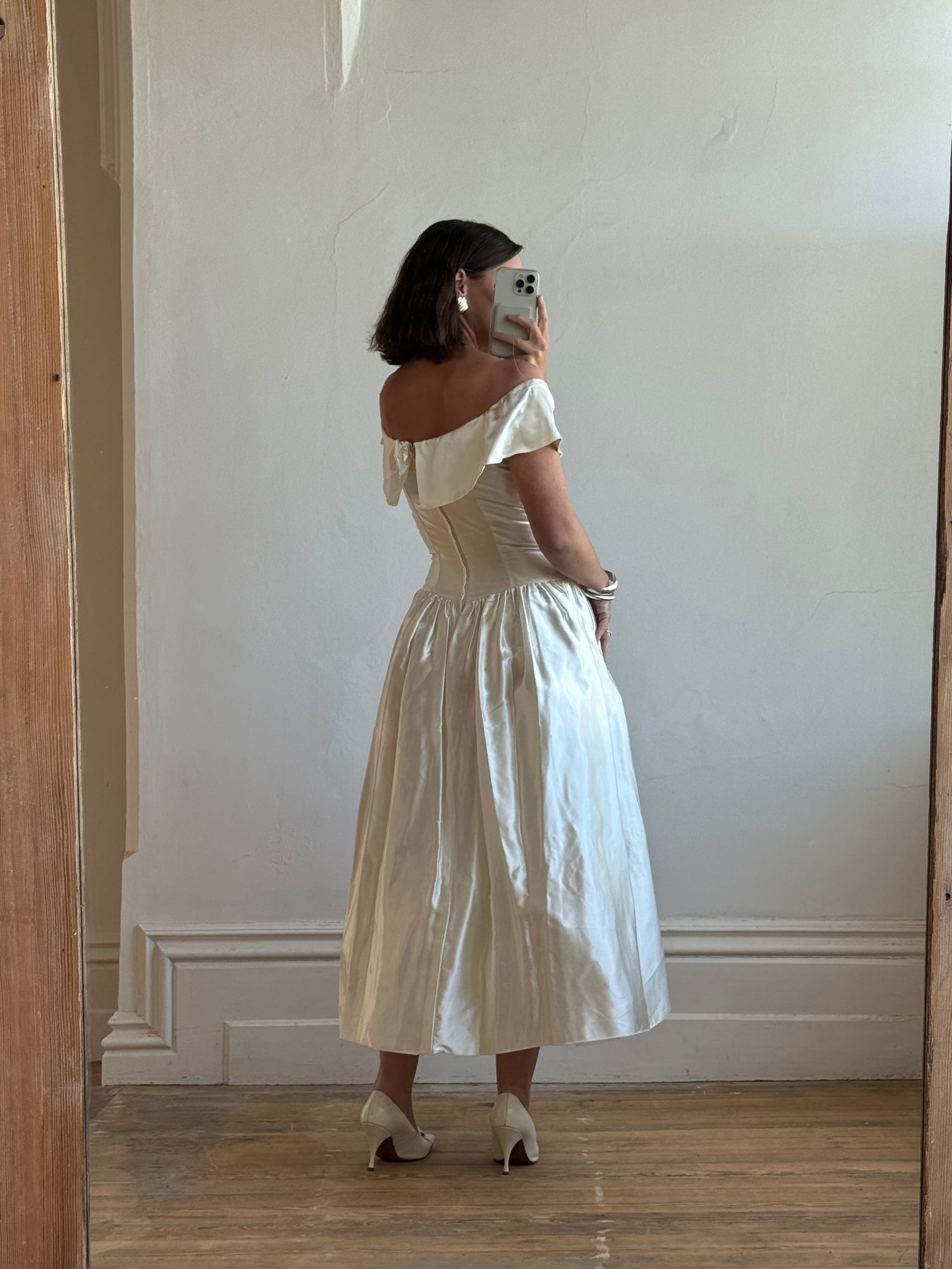 Vintage 80s Satin Tea Length Wedding Dress