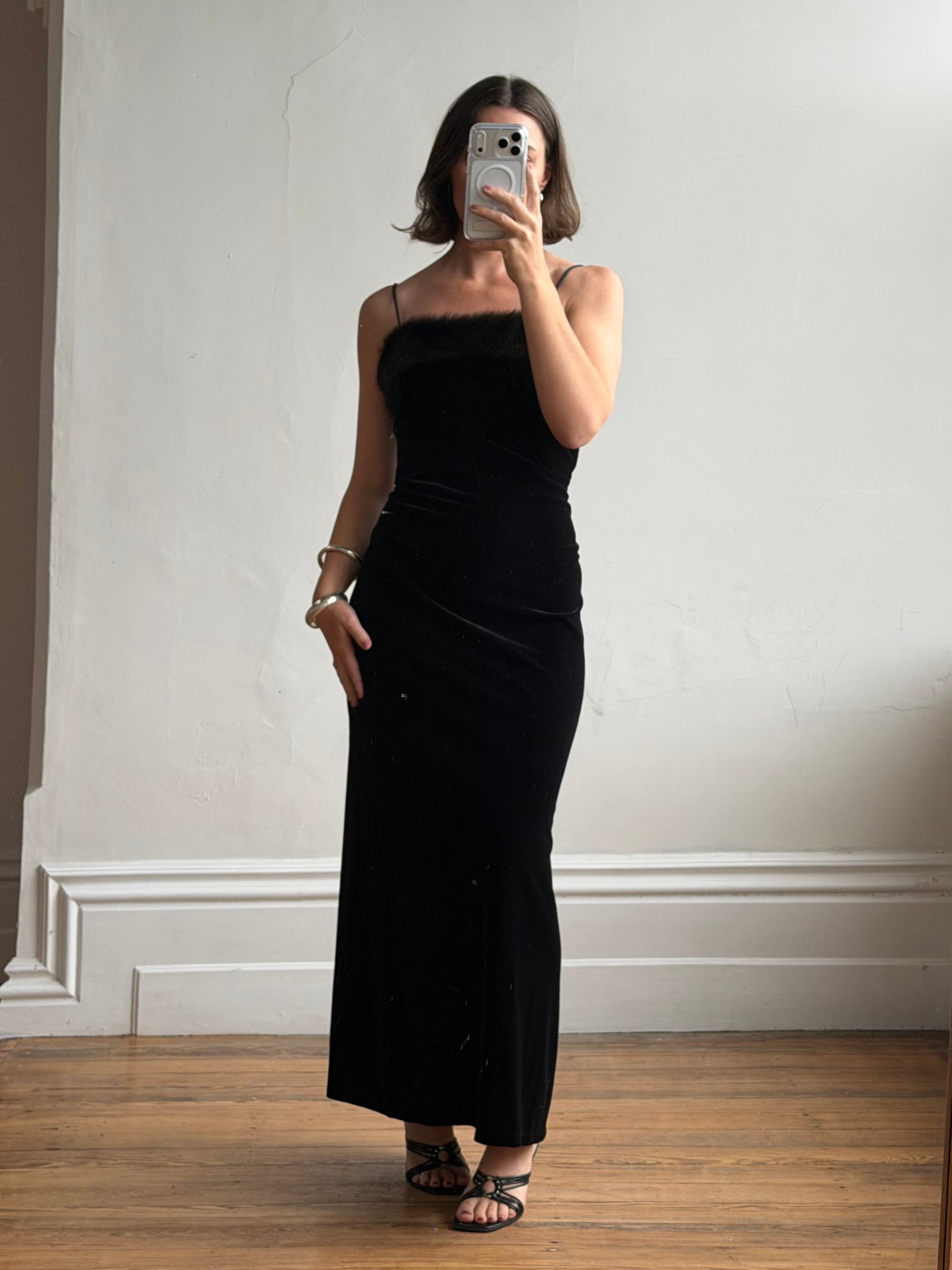 Vintage 90s Velvet Bodycon Maxi Dress with Fur Trim