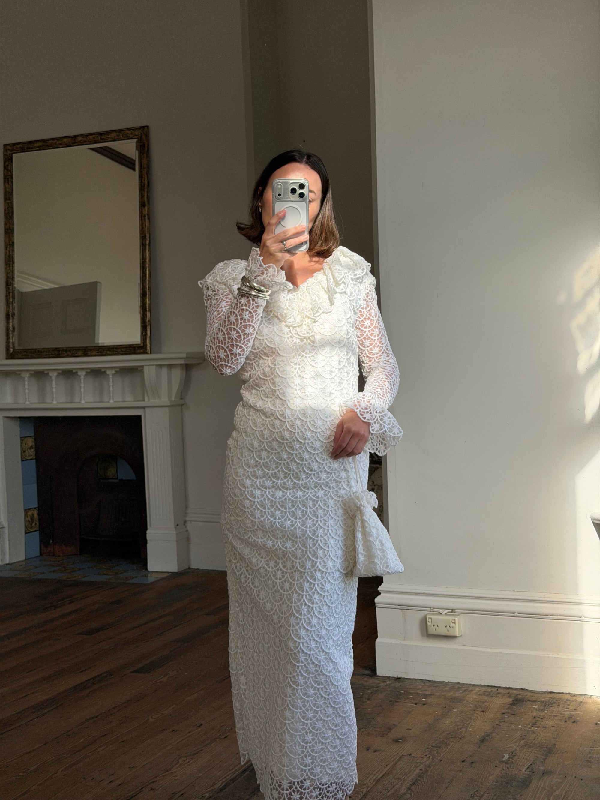 Vintage 90s Italian Crochet Column Frill Dress with Matching Bag
