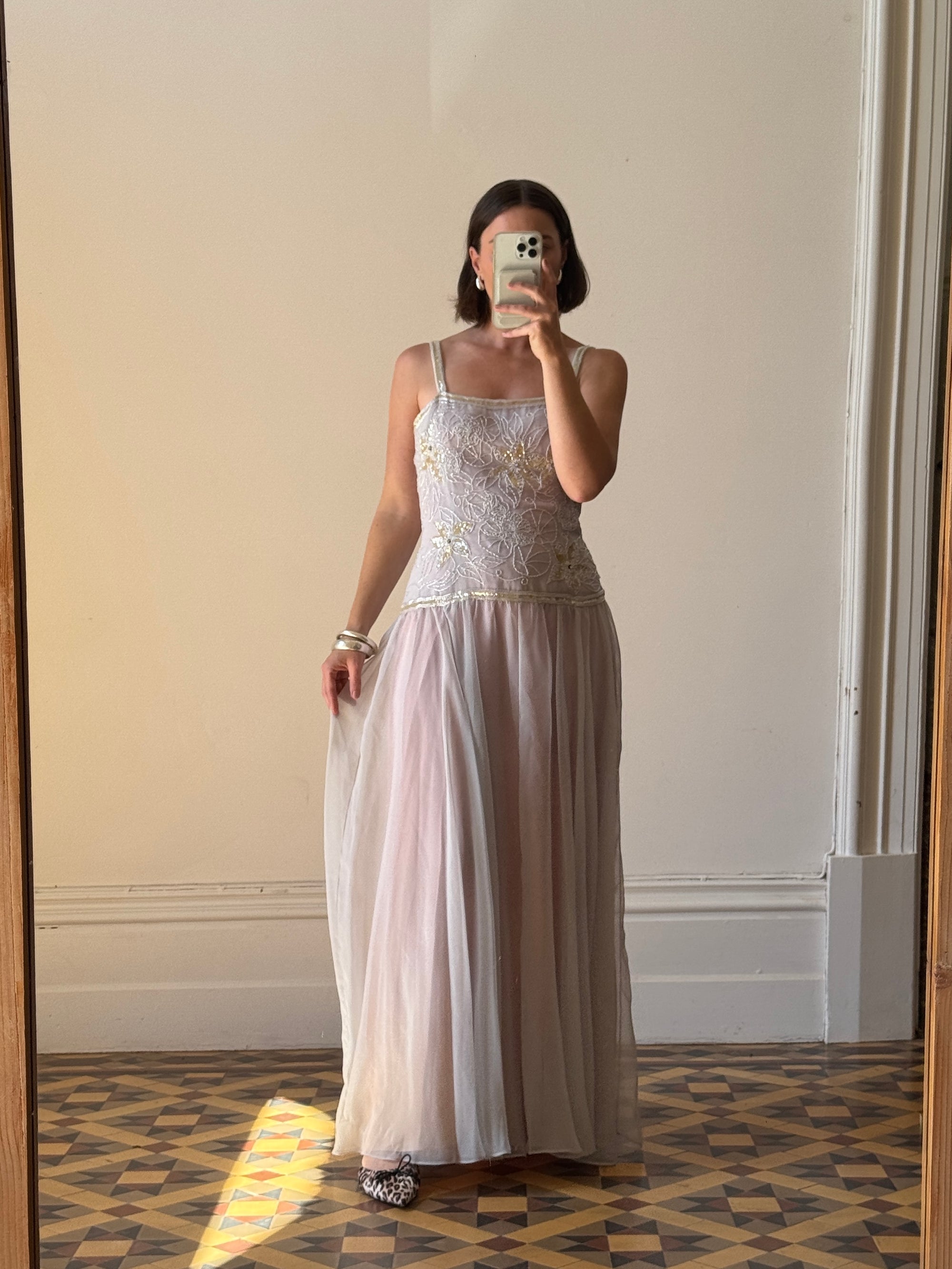 Vintage 70s Drop Waist Beaded Dress Sunrise Lilac