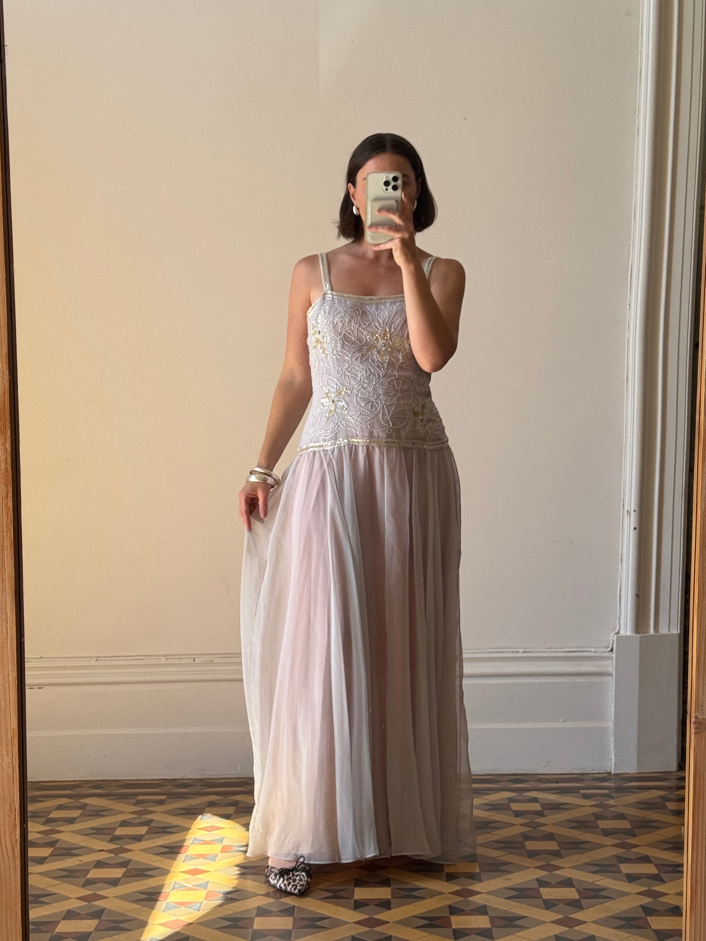 Vintage 70s Drop Waist Beaded Dress Sunrise Lilac
