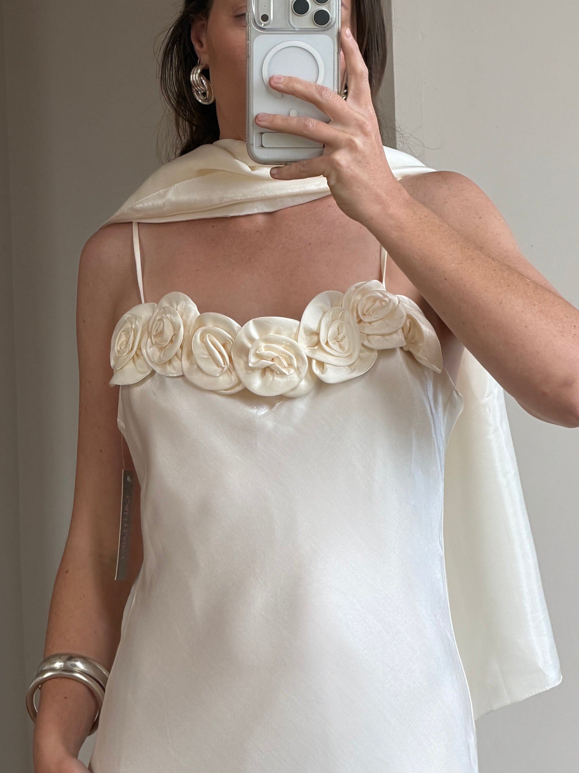Vintage Y2K Rosette Bridal Slip Dress Champagne Satin