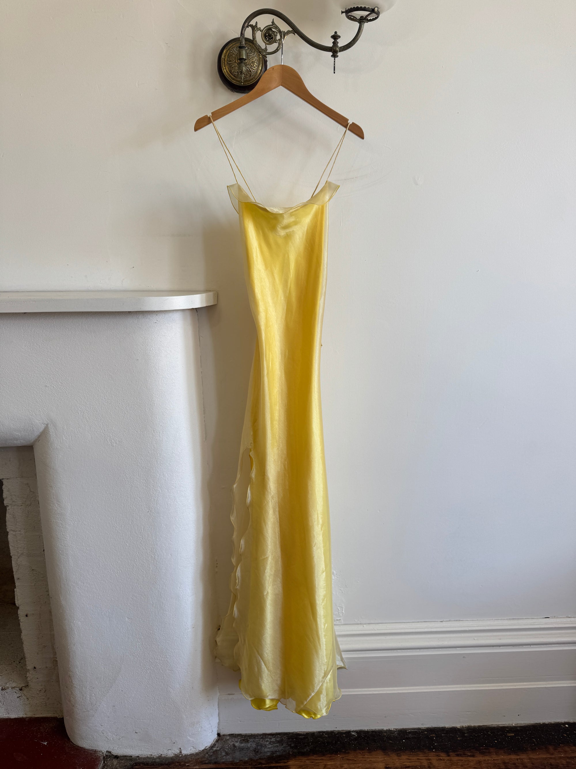 Vintage 90s Organza Yellow Ruffle Prom Slip Dress
