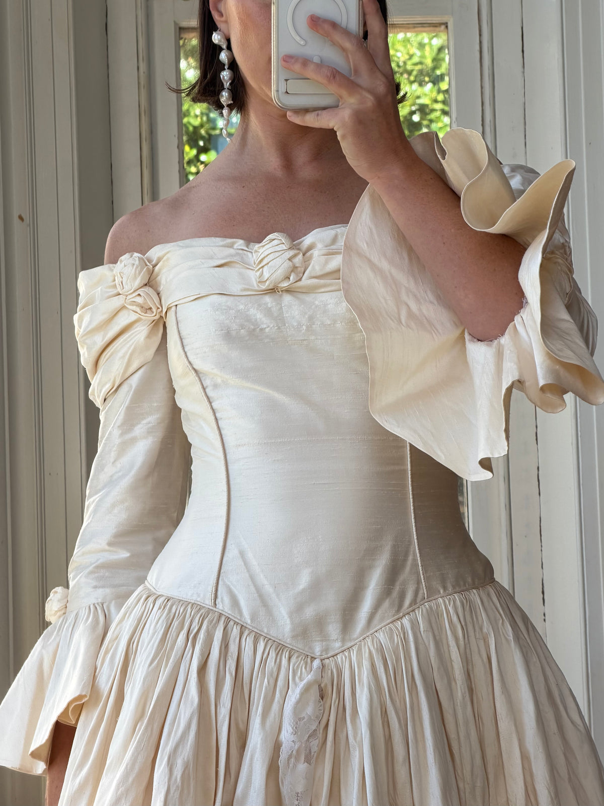 Vintage 90s Silk Dupion Off Shoulder Rosette Bridal Ballgown