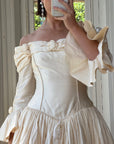 Vintage 90s Silk Dupion Off Shoulder Rosette Bridal Ballgown