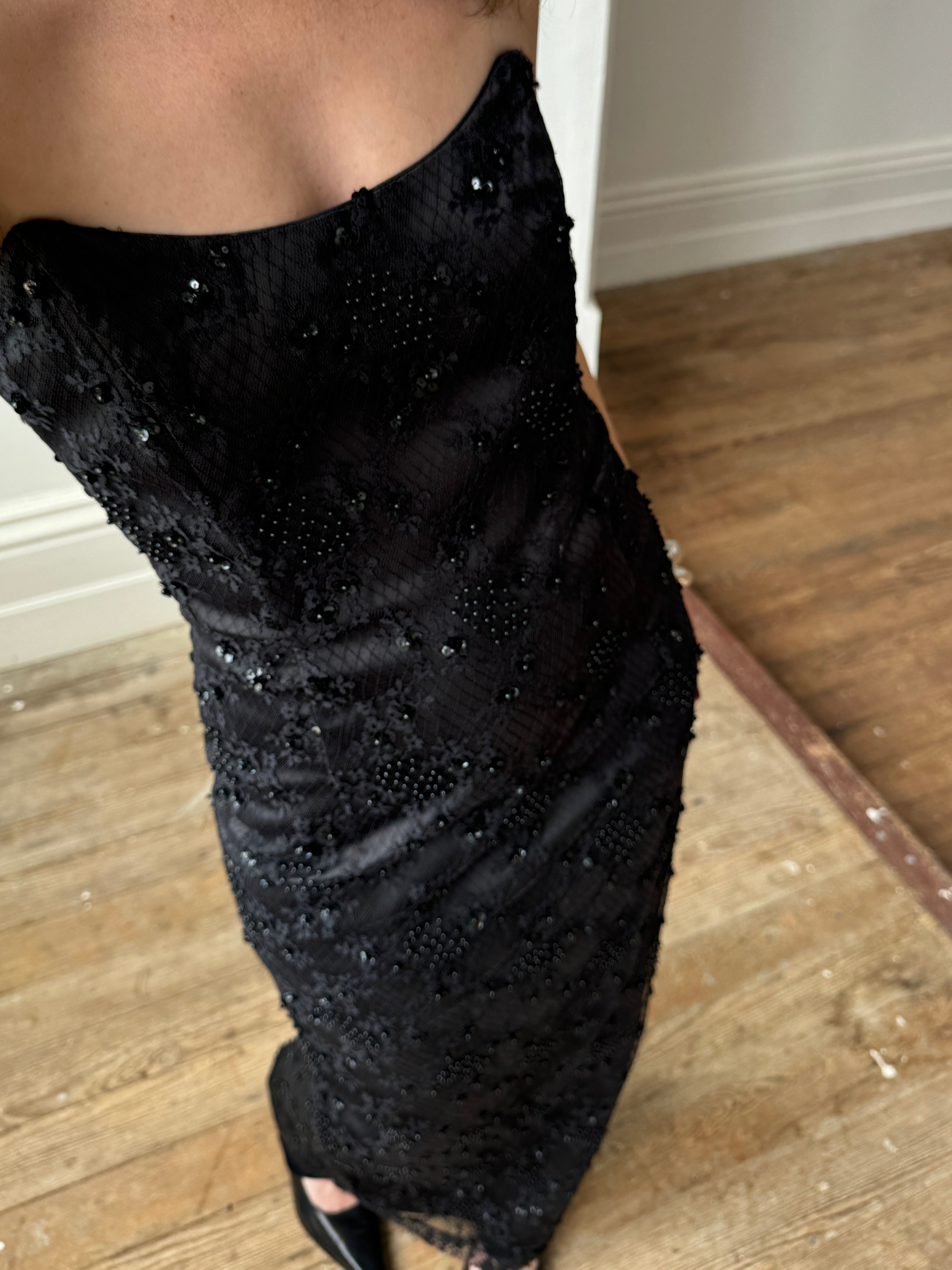 Vintage Australian Made 90s Strapless Beaded Lace Dress