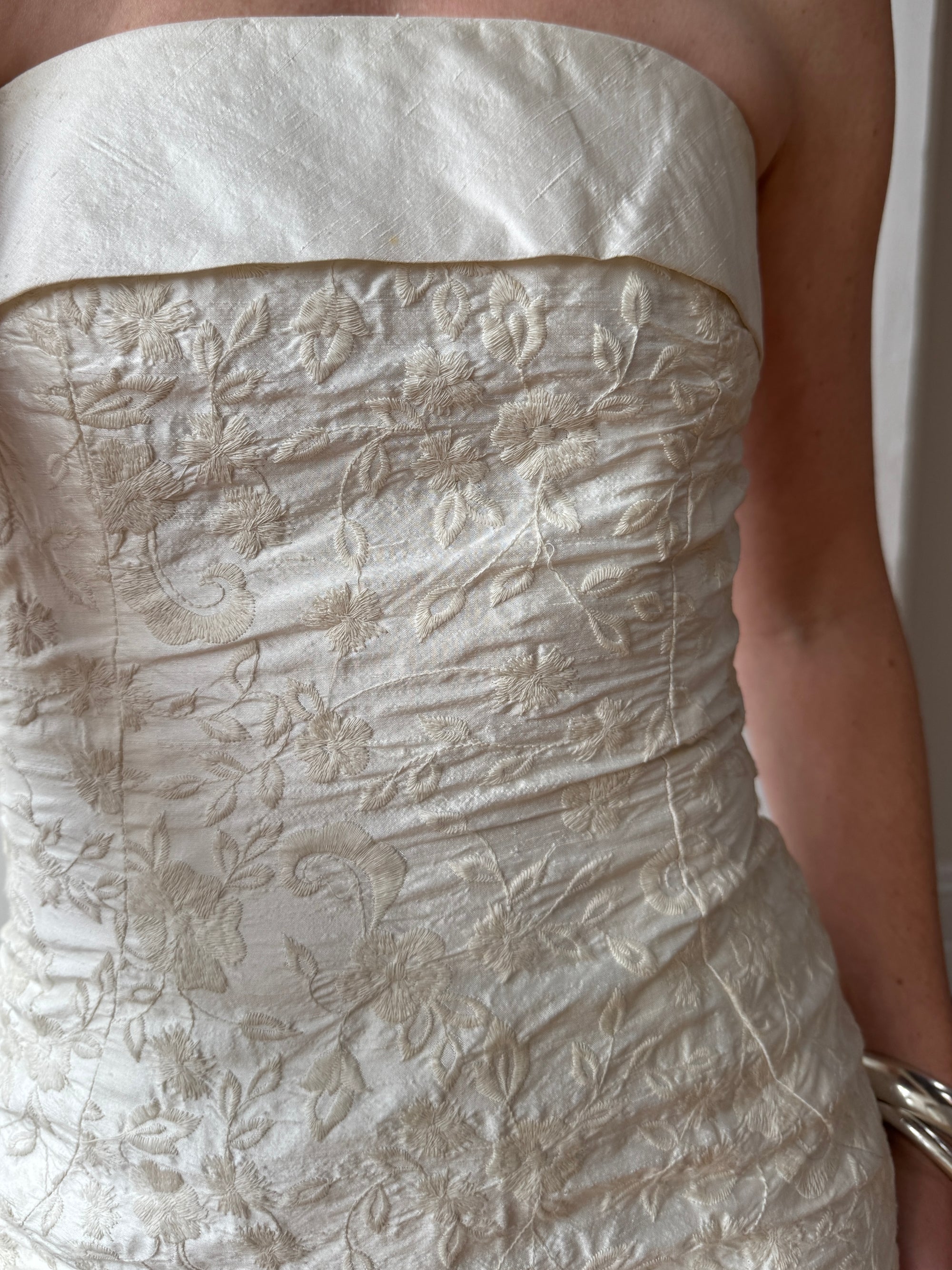 Vintage 90s Pure Silk Jacquard Strapless Bridal Midi