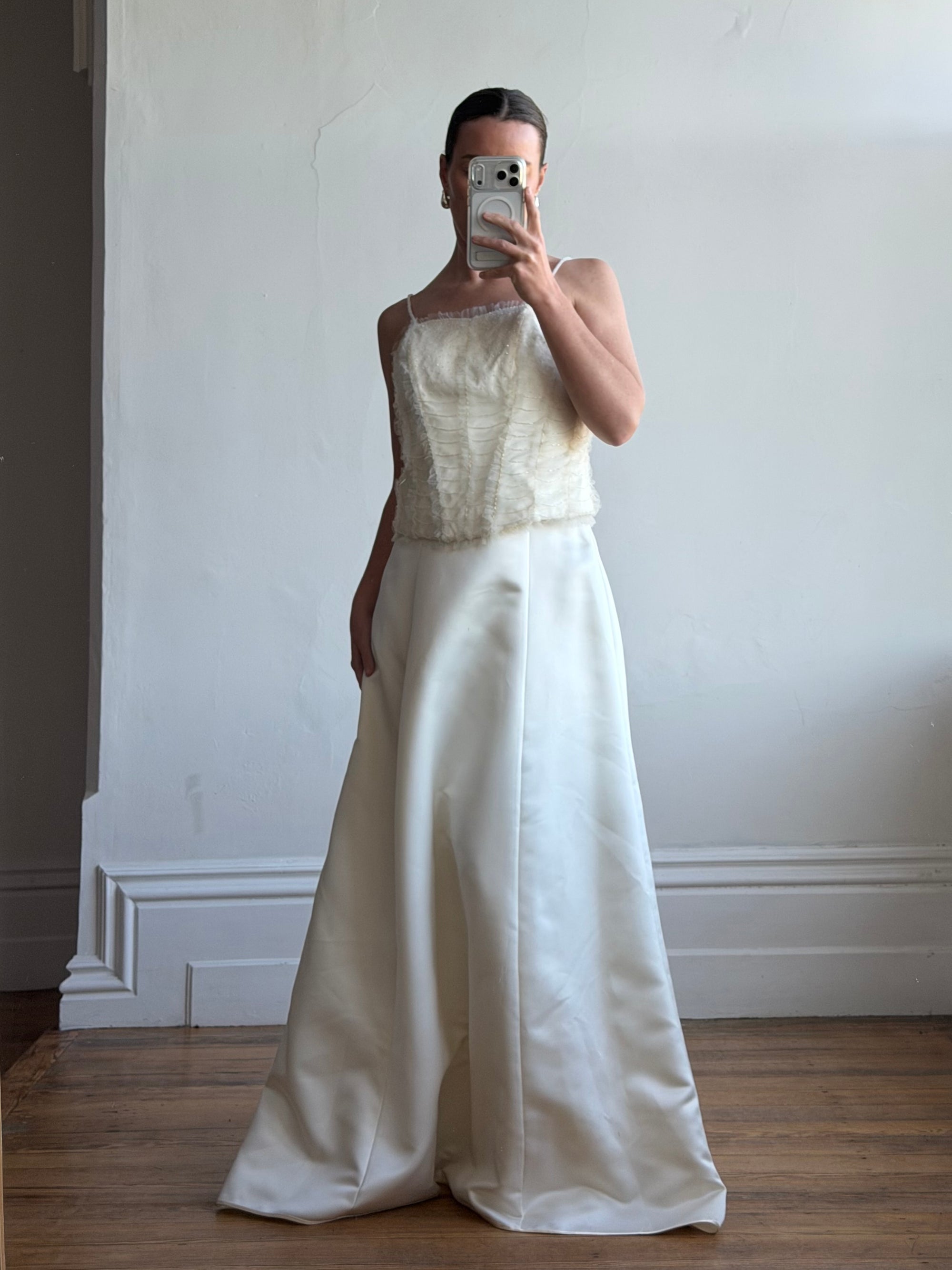 Vintage 90s Italian Bridal Fairy Tulle Embroidered Bustier and Satin Skirt