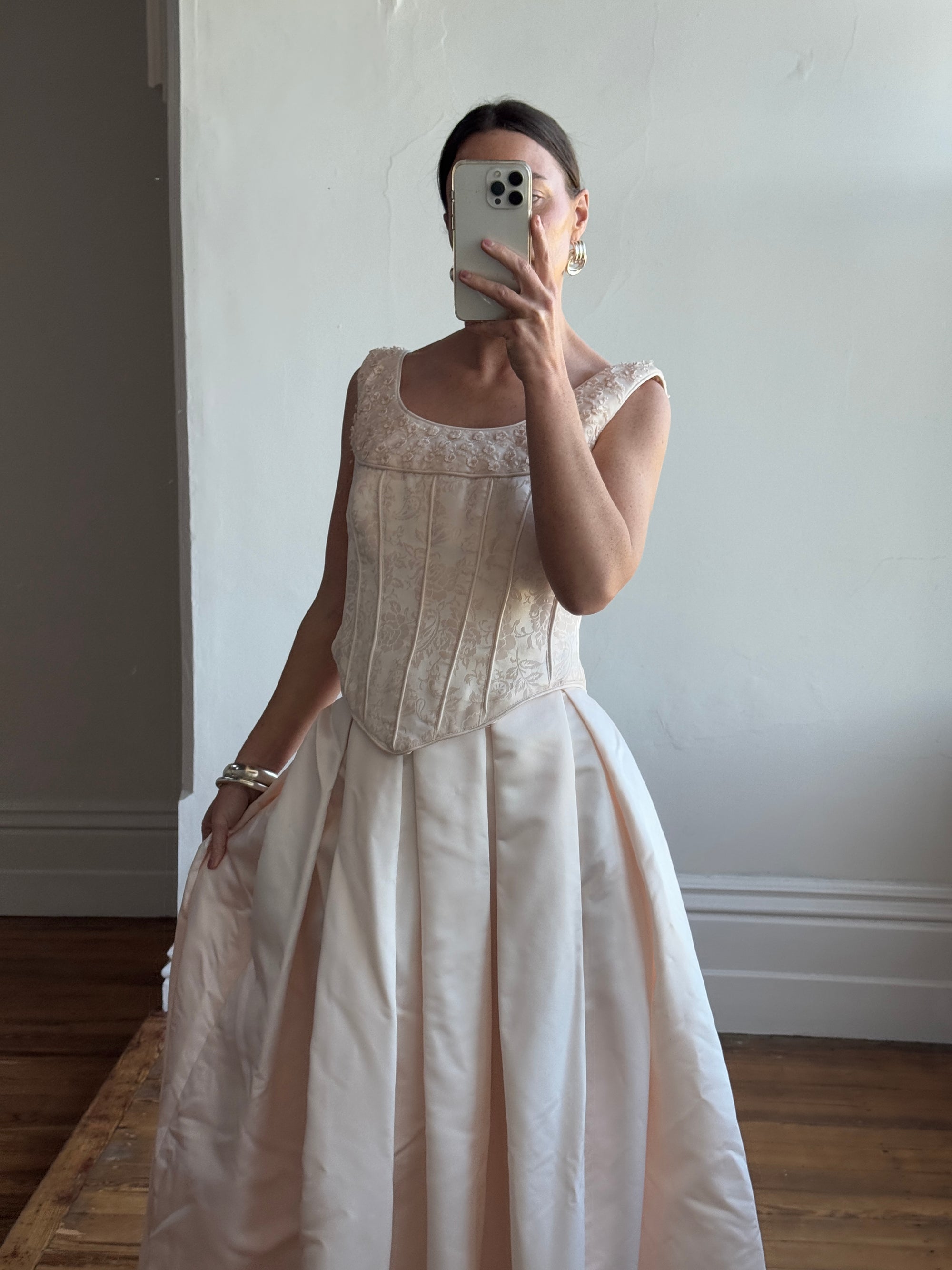 Vintage 90s Pale Pink Beaded Bridal Corset and Satin Princess Skirt Set