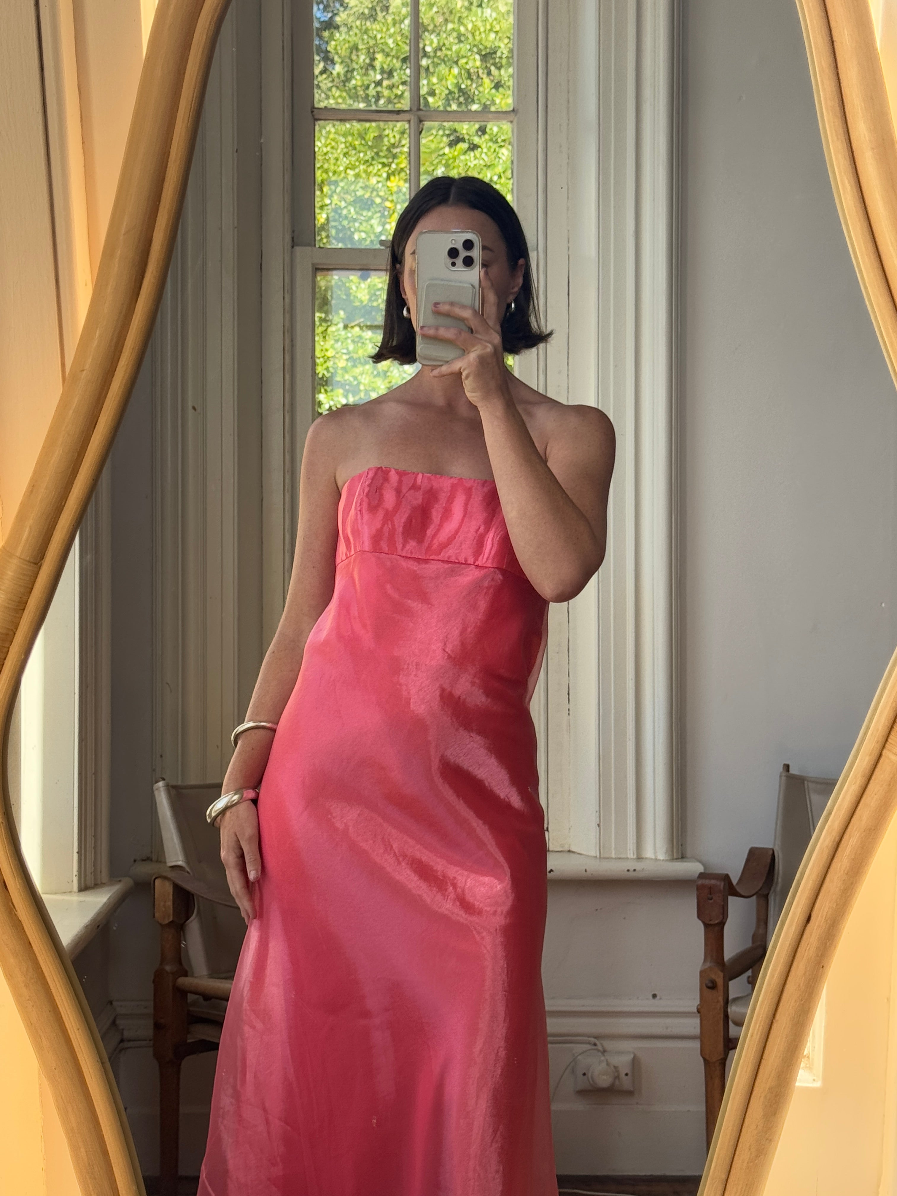 Vintage 90s Watermelon Shimmer Organza Strapless Gown