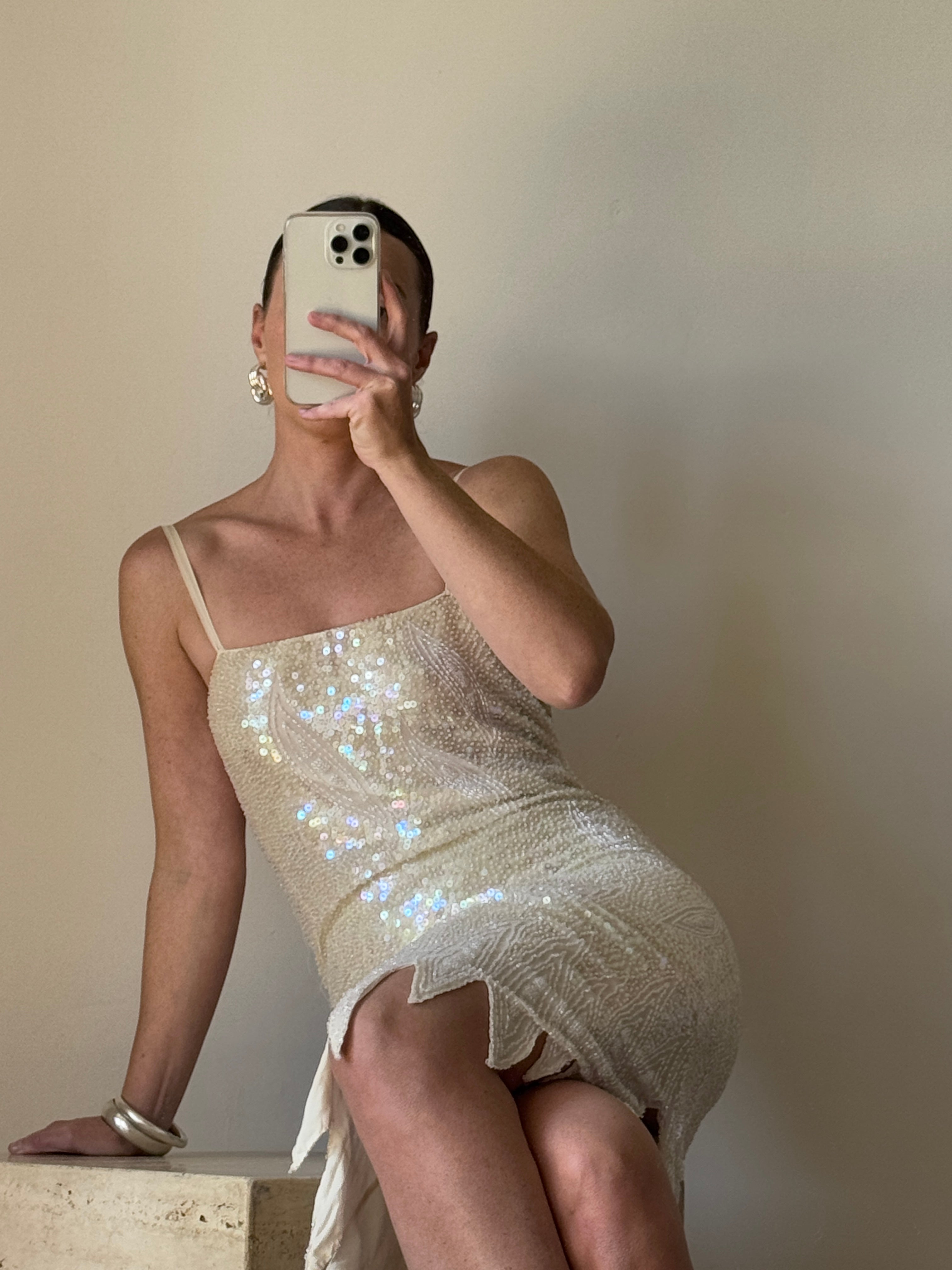 Vintage 90s Pure Silk Sequin Party Dress Creme