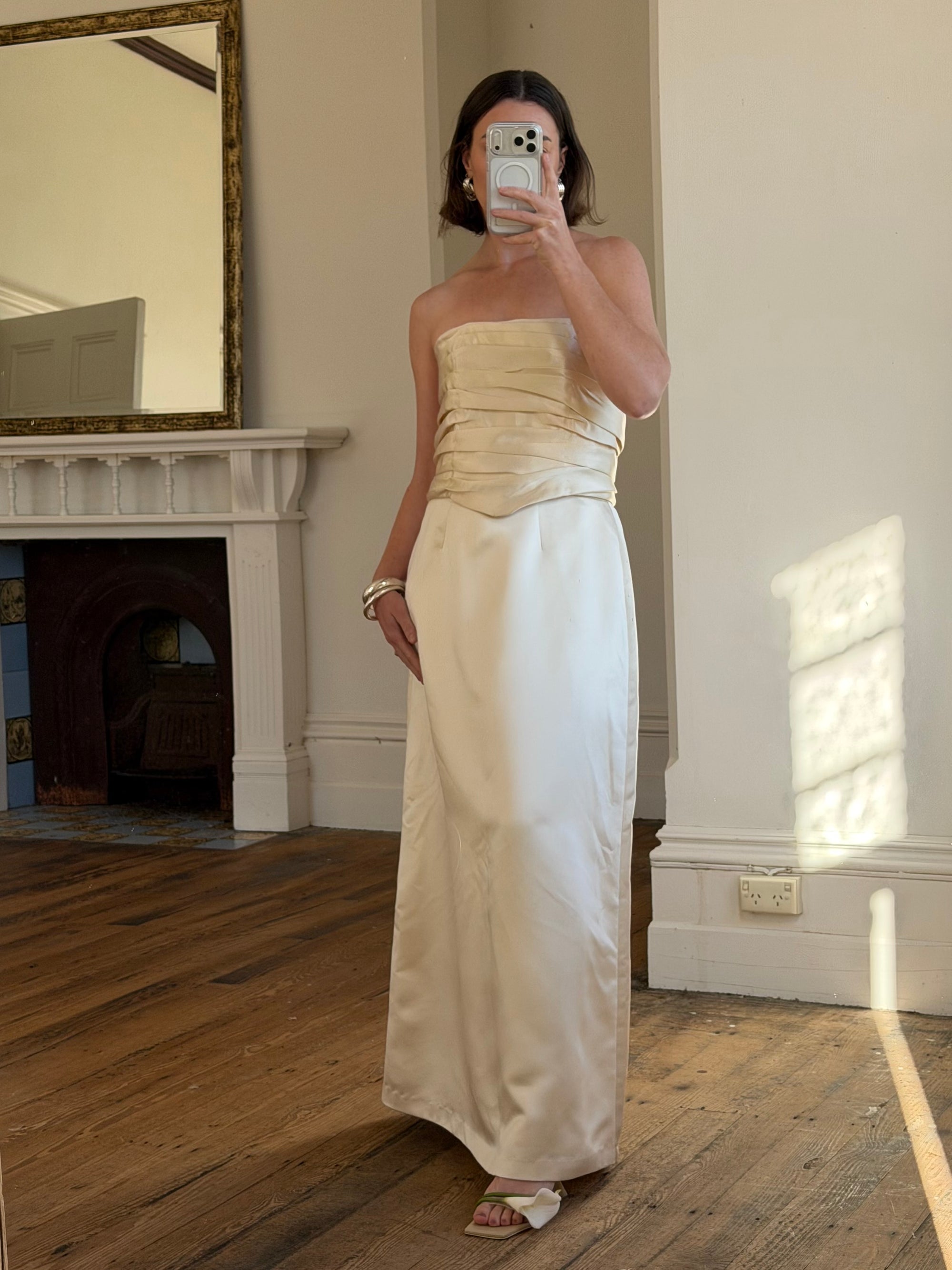 Vintage 90s Ruched Satin Two Piece Bridal Set Champagne