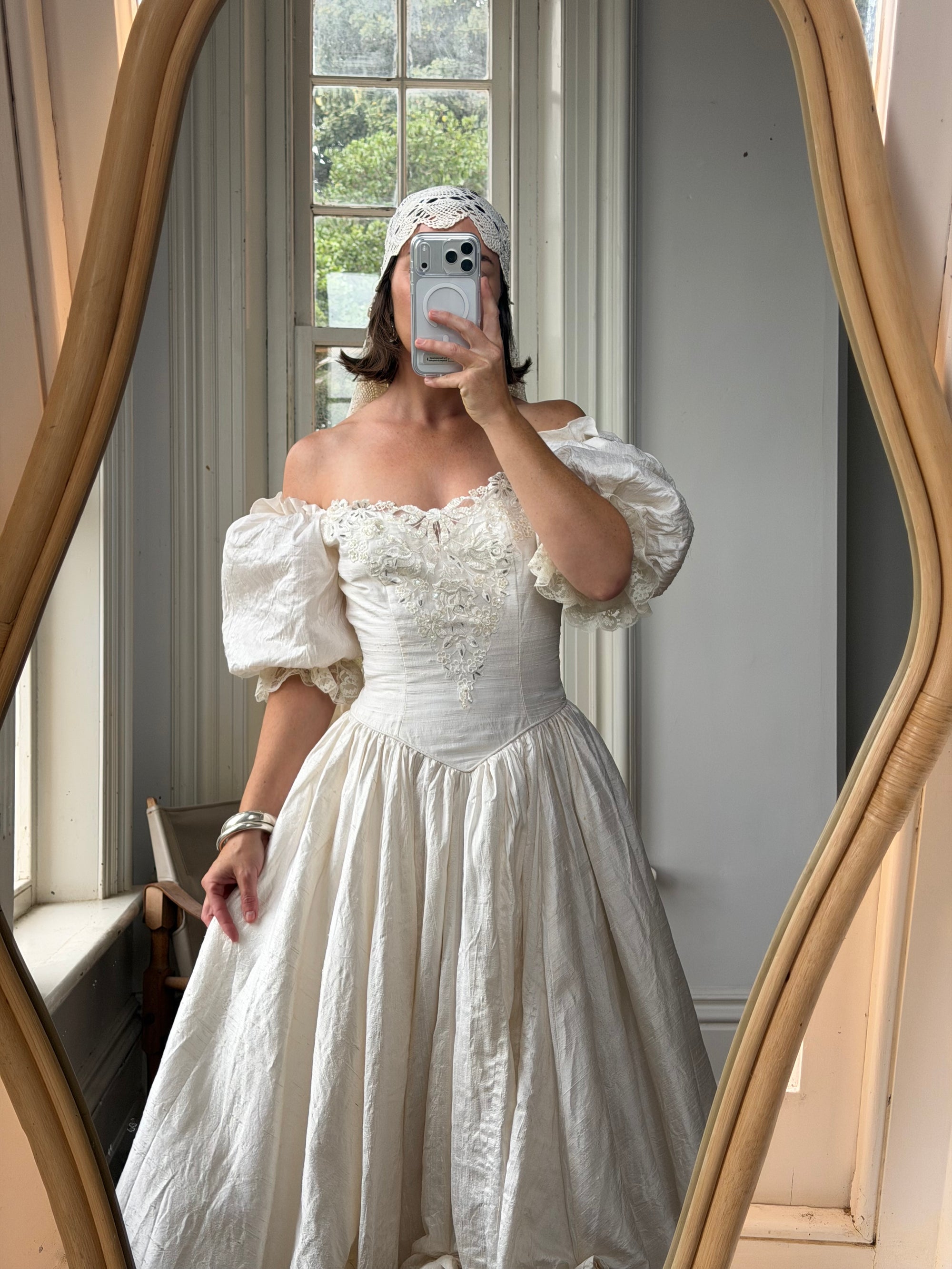 Vintage 90s Silk Puff Sleeve Embroidered Wedding Dress