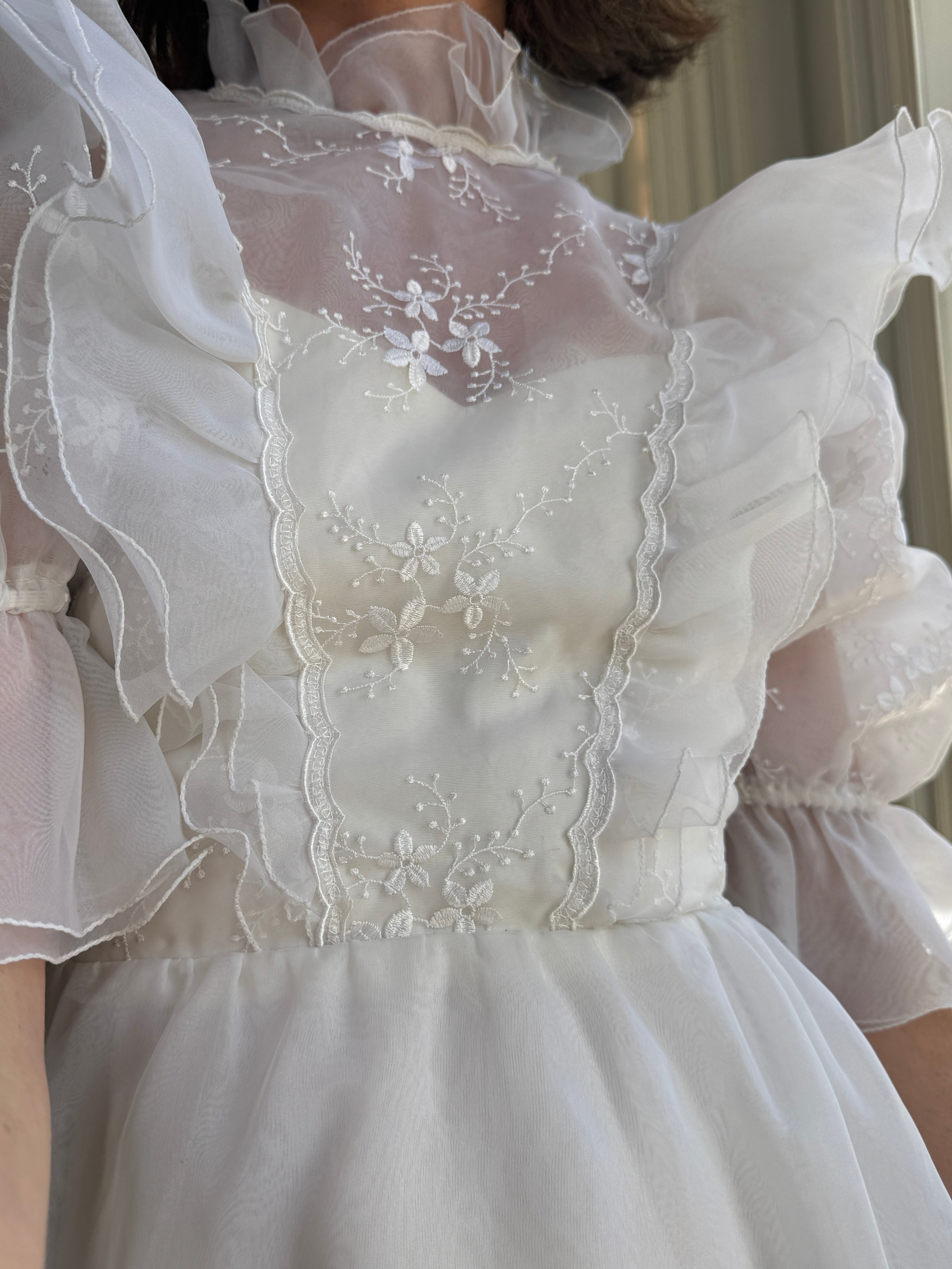 Vintage 80s Ruffled Sheer Organza Wedding Dress