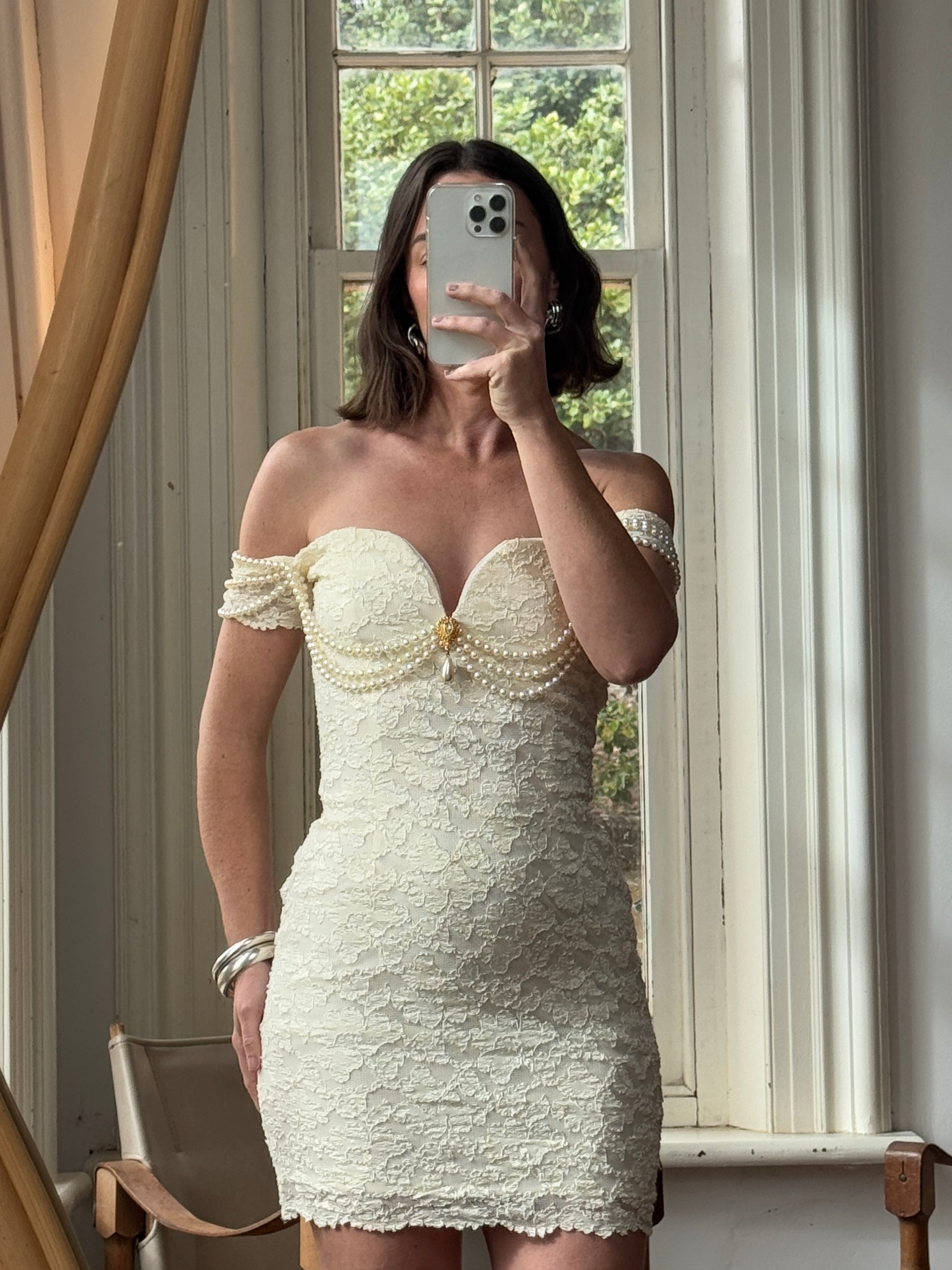 Vintage 80s Draped Pearl Body Con Mini Creme